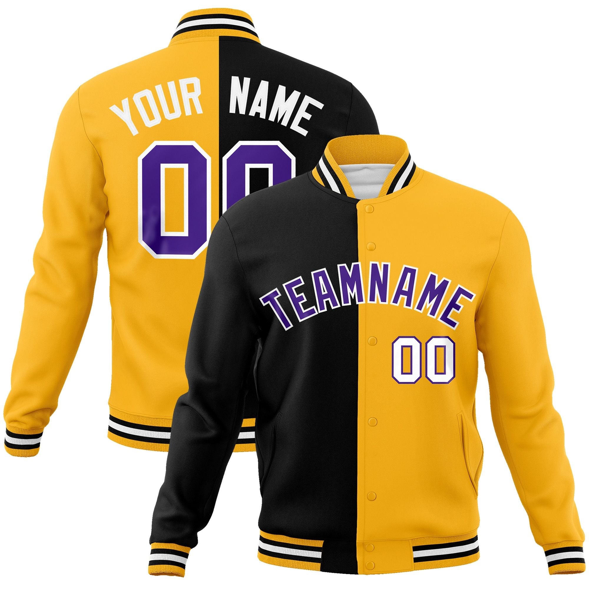 Custom Black Yellow-Purple Varsity Full-Snap Letterman Two Tone Split Fashion Jacket