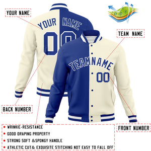 Custom Royal Khaki-Royal Varsity Full-Snap Letterman Veste de mode fendue bicolore