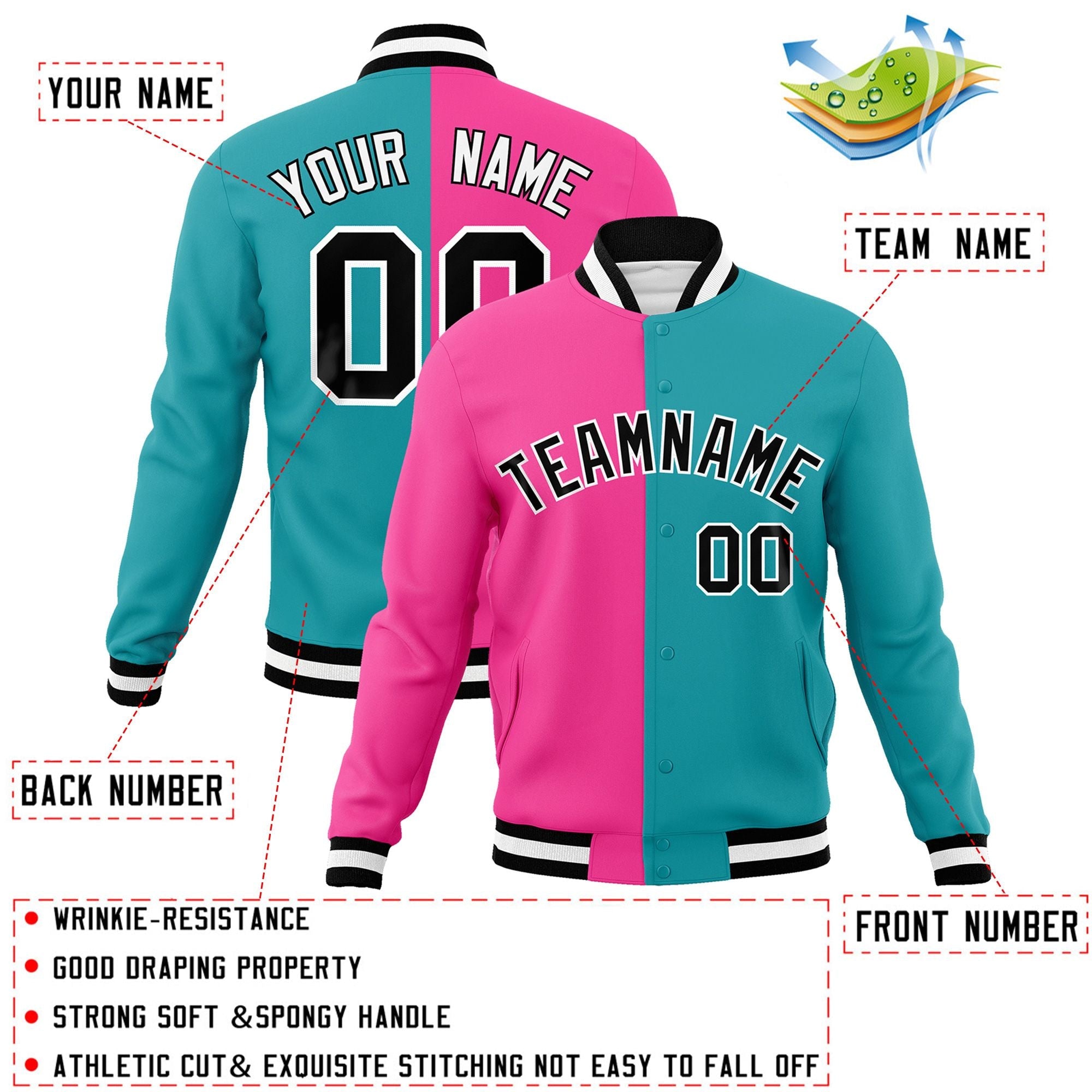 Veste de mode fendue bicolore rose Aqua-noir Varsity Full-Snap Letterman personnalisée