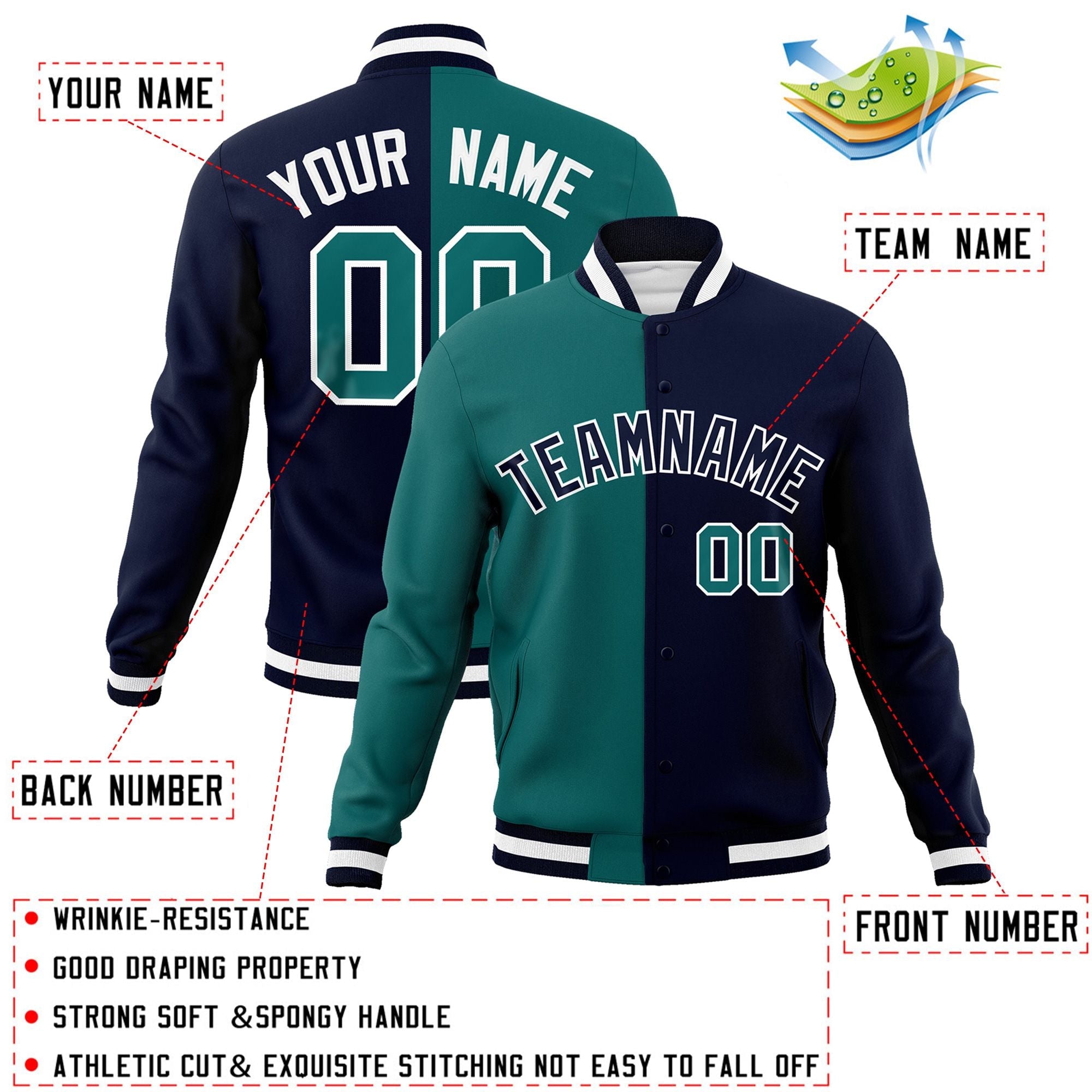 Veste de mode fendue bicolore personnalisée Aqua Navy-Black Varsity Full-Snap Letterman