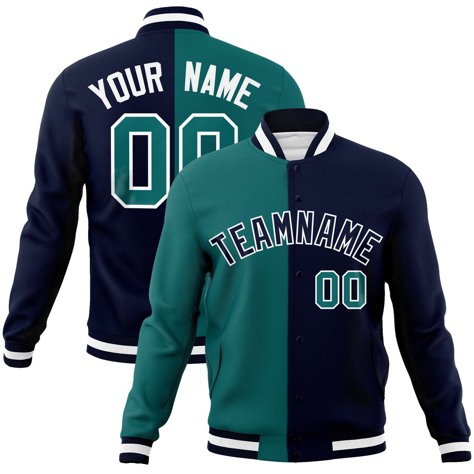 Custom Aqua Navy-Black Varsity Full-Snap Letterman Two Tone Split Fashion Jacket