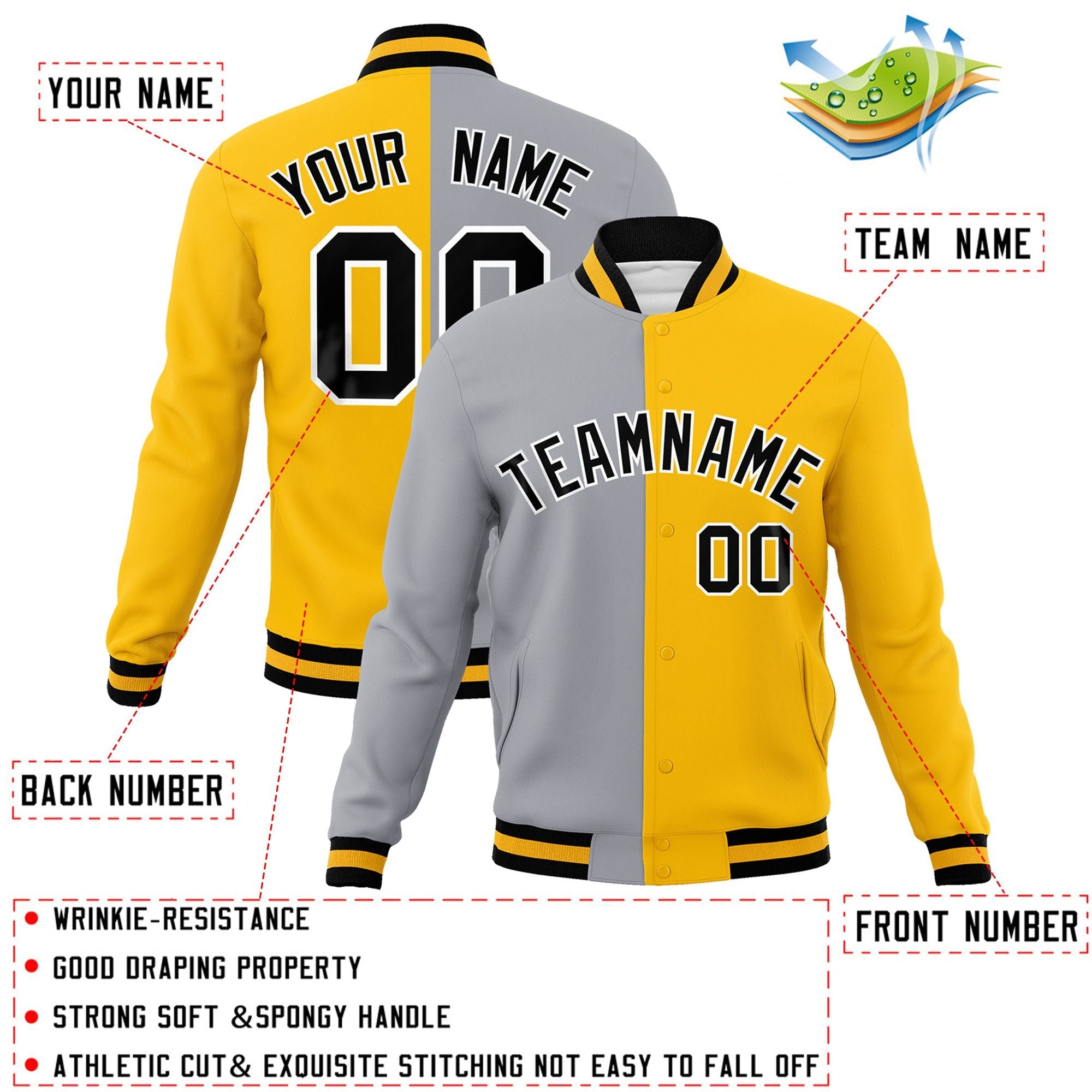 Custom Gray Yellow-Black Varsity Full-Snap Letterman Two Tone Split Fashion Jacket