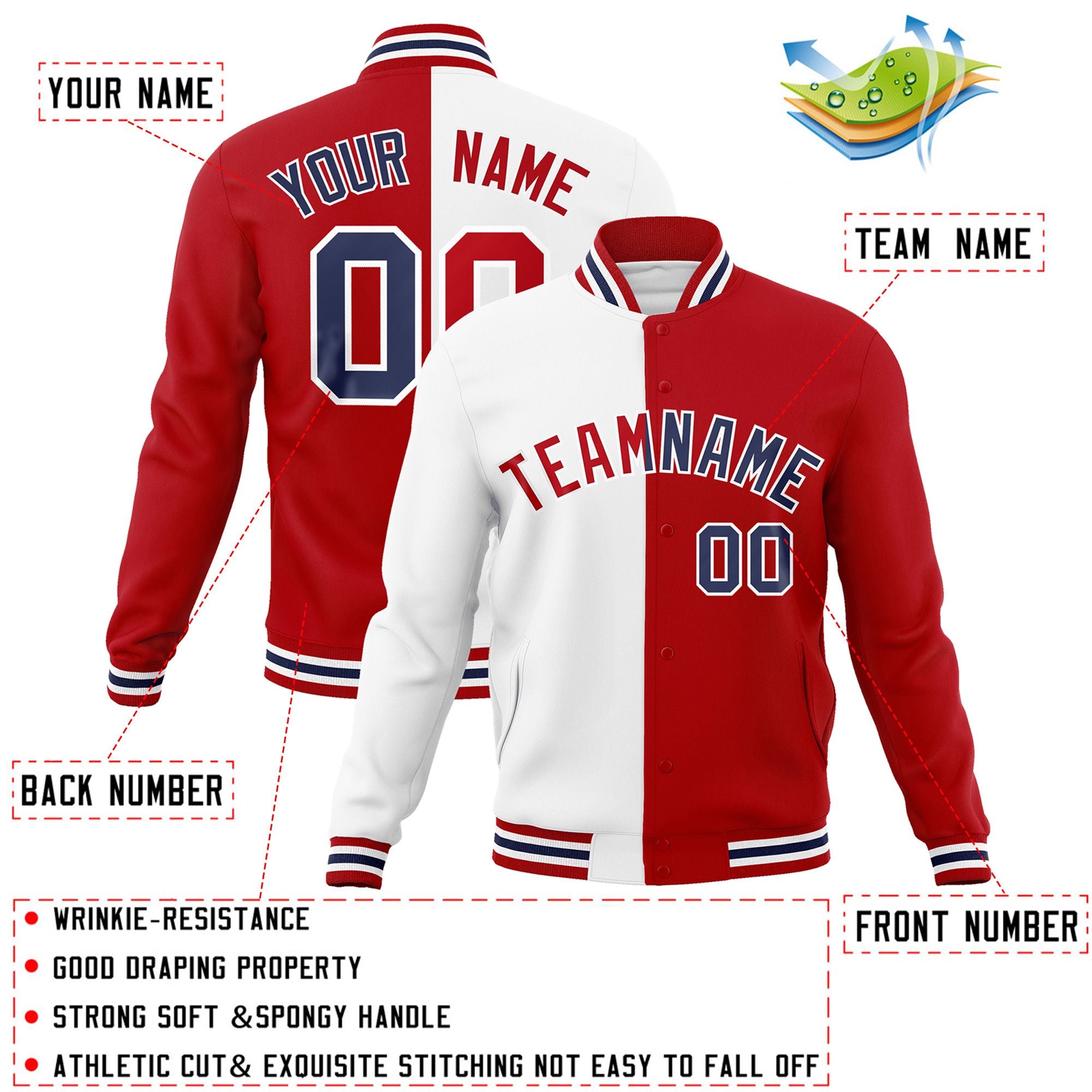 Custom White Red-Red Varsity Full-Snap Letterman Two Tone Split Fashion Jacket