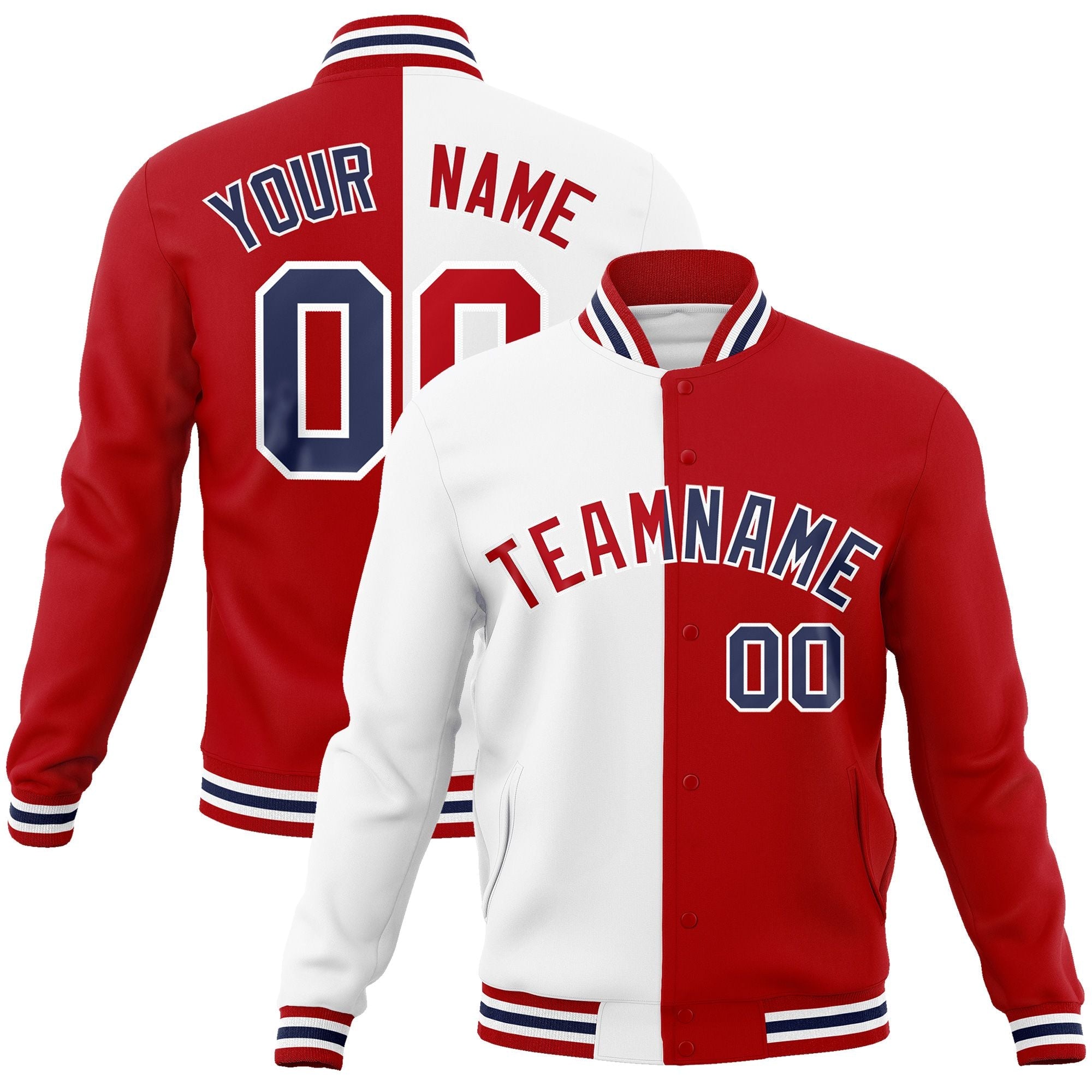 Custom White Red-Red Varsity Full-Snap Letterman Two Tone Split Fashion Jacket