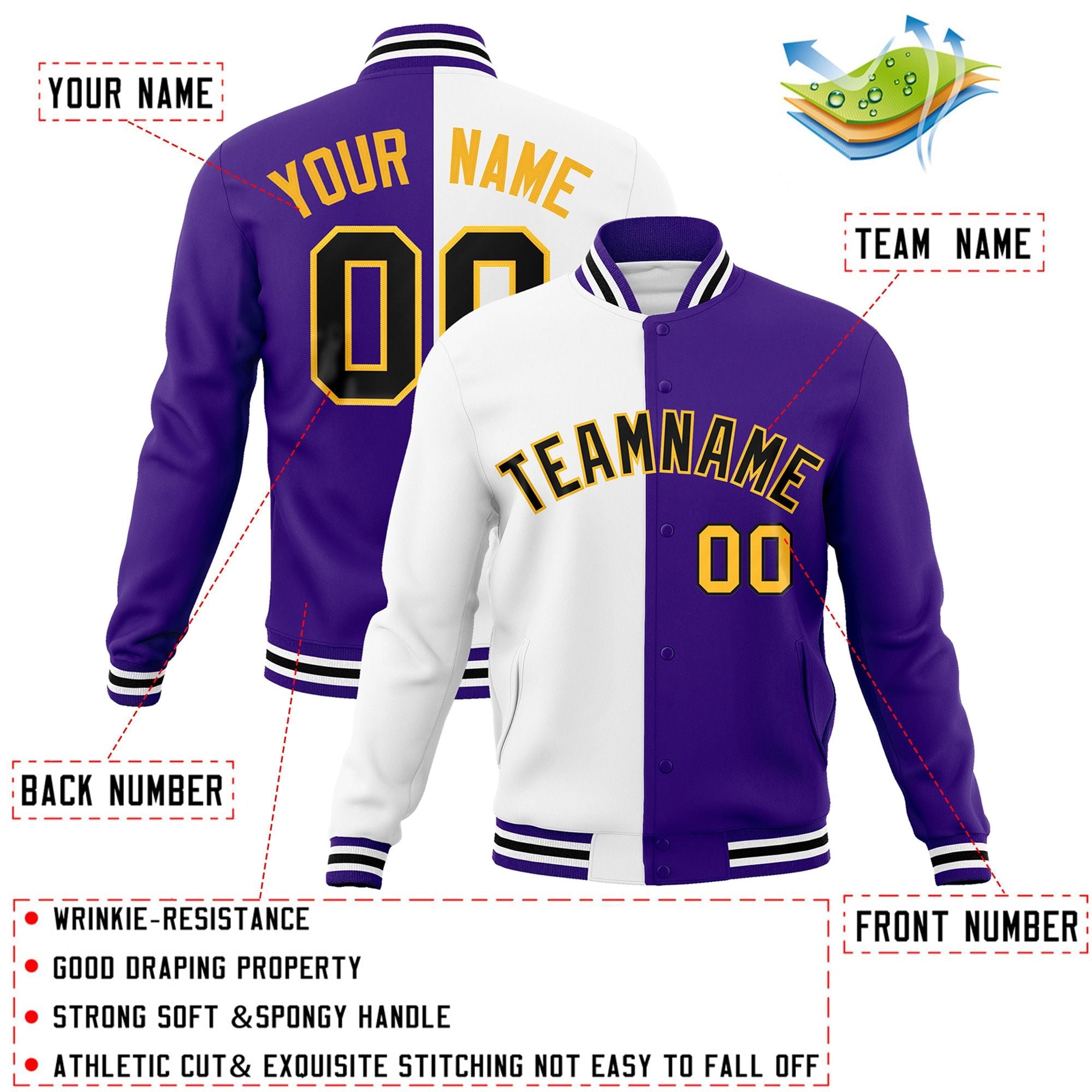 Custom White Purple-Black Varsity Full-Snap Letterman Two Tone Split Fashion Jacket