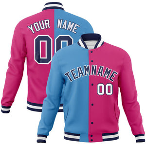 Custom Light Blue Red-Navy Varsity Full-Snap Letterman Two Tone Split Fashion Jacket