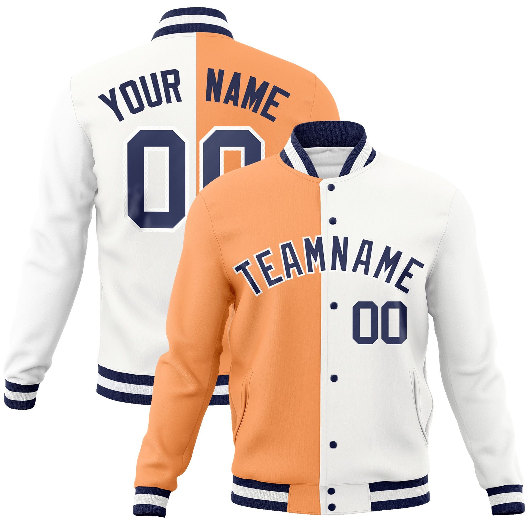 Custom Orange White-Navy Varsity Full-Snap Letterman Two Tone Split Fashion Jacket