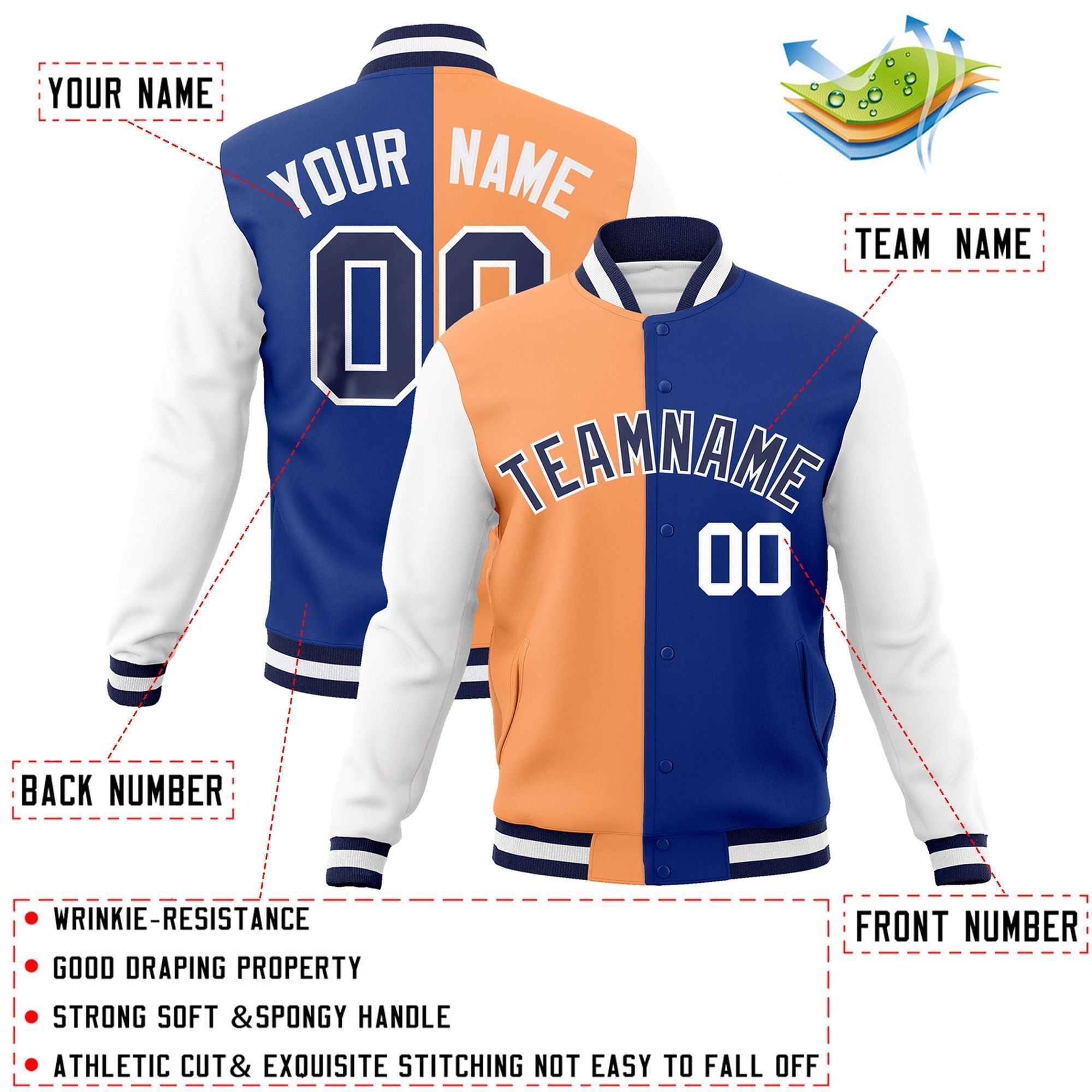 Veste de mode fendue bicolore personnalisée Orange Royal-Navy Varsity Full-Snap Letterman