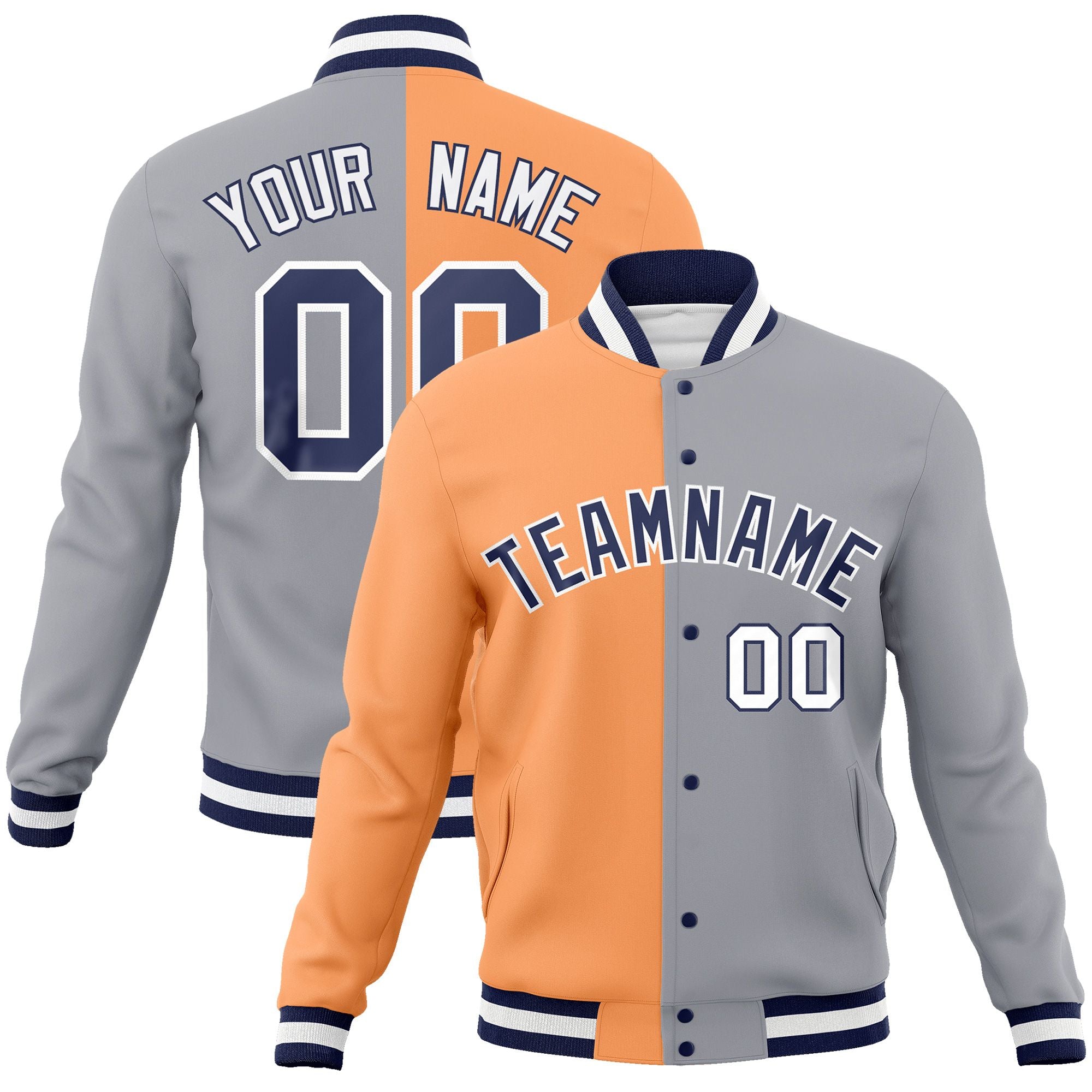 Custom Orange Gray-Navy Varsity Full-Snap Letterman Two Tone Split Fashion Jacket