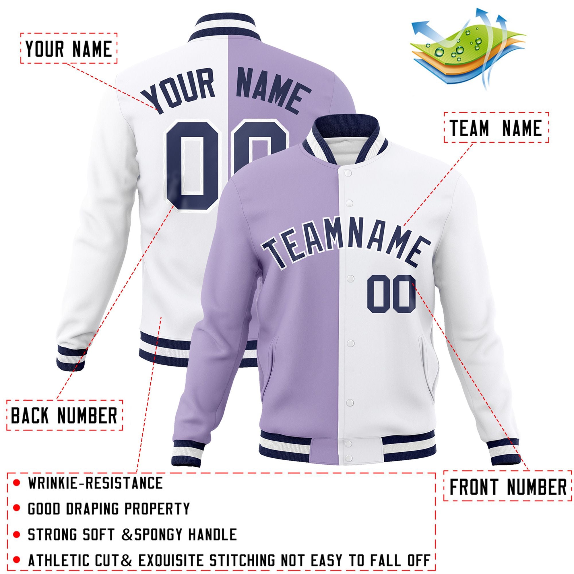 Custom Light Purple White-Navy Varsity Full-Snap Letterman Two Tone Split Fashion Jacket