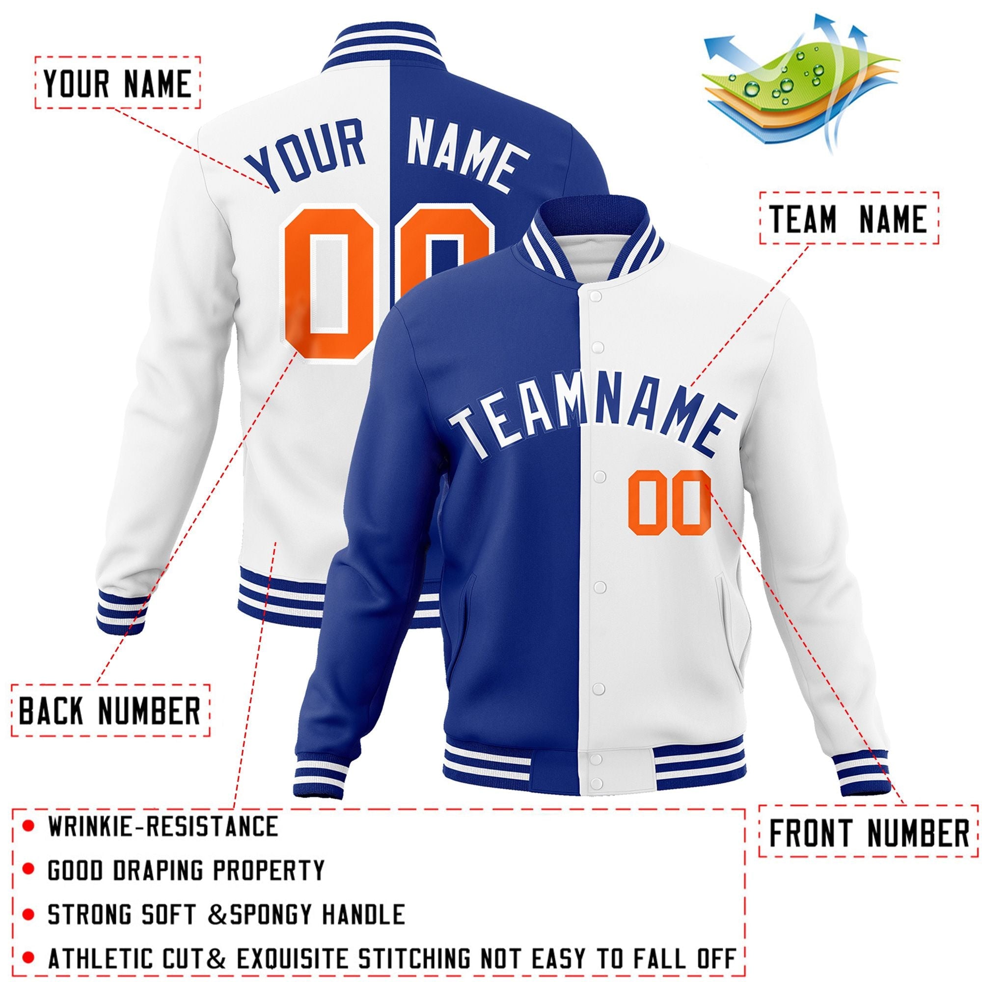 Custom Royal White-White Varsity Full-Snap Letterman Veste de mode fendue bicolore