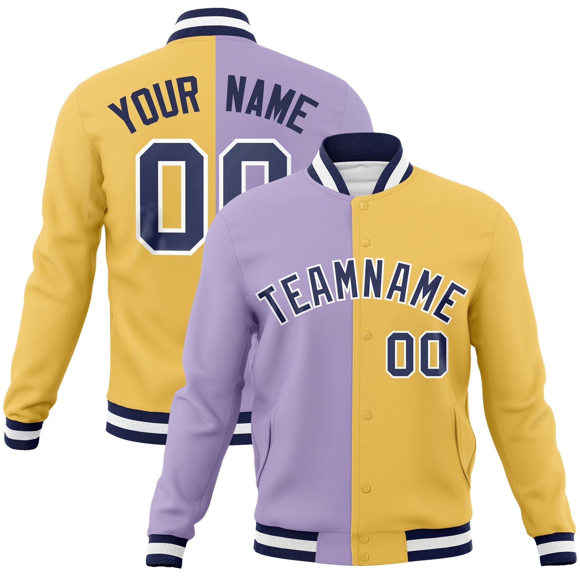 Custom Light Purple Cream-Navy Varsity Full-Snap Letterman Two Tone Split Fashion Jacket