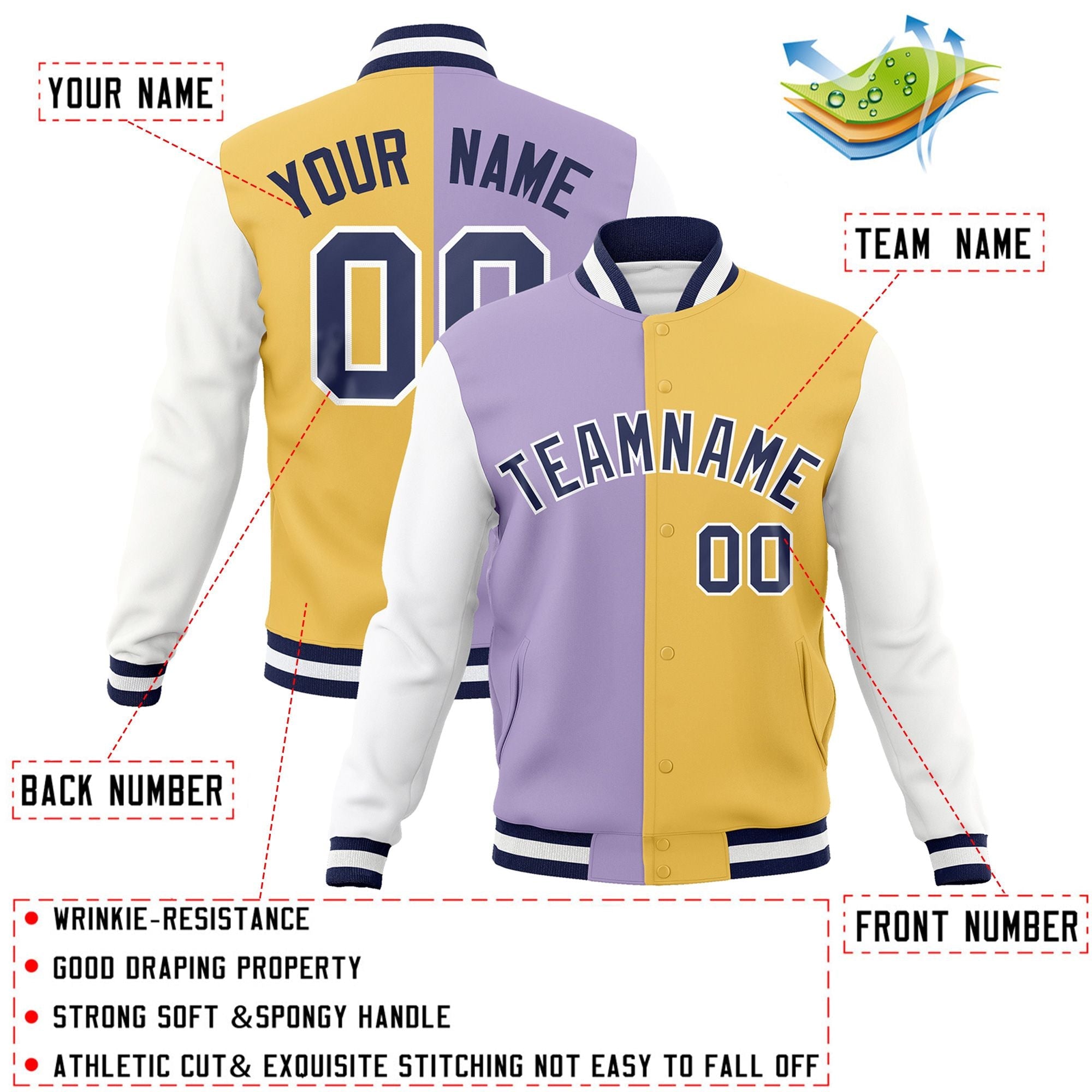 Custom Light Purple Cream-Navy Varsity Full-Snap Letterman Two Tone Split Fashion Jacket