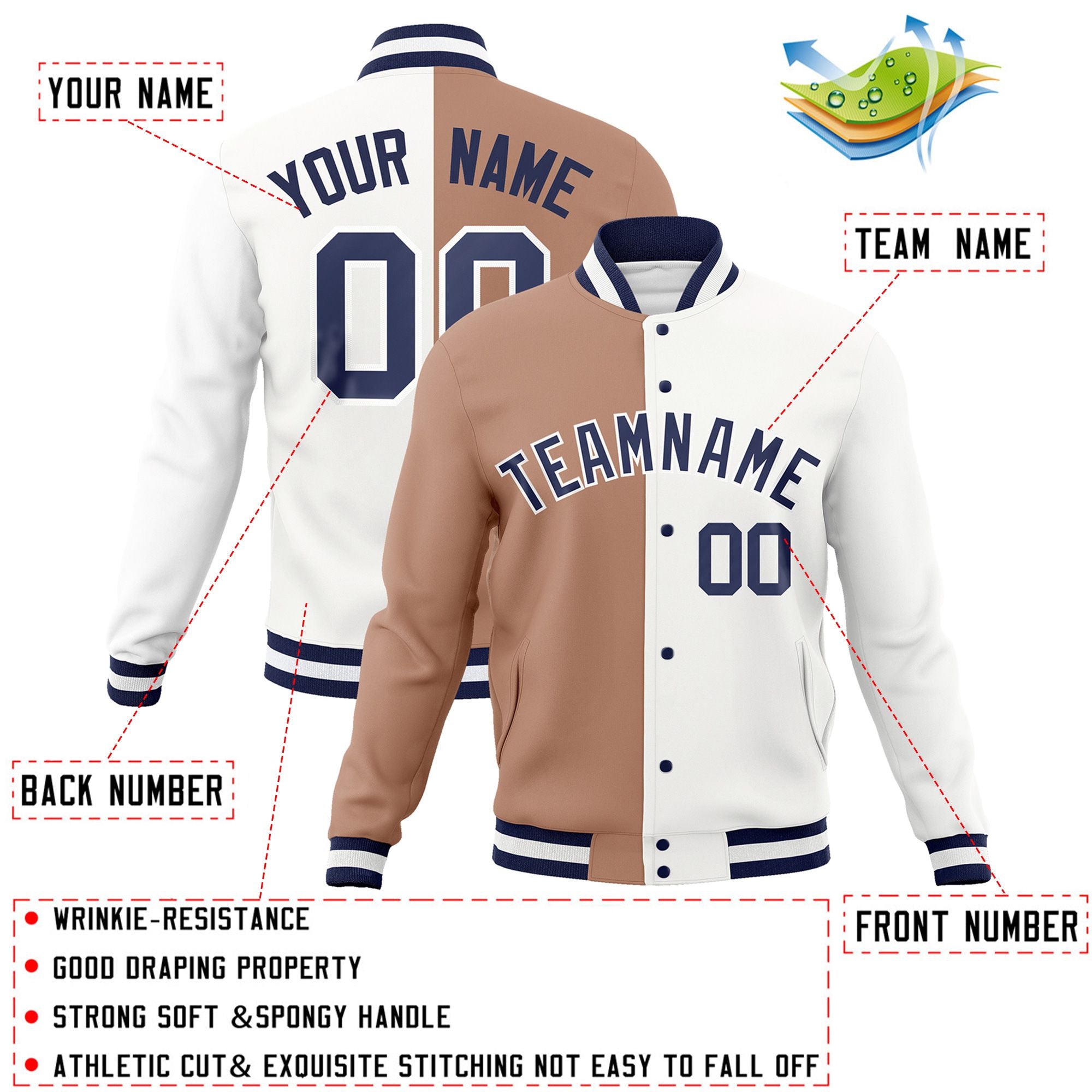 Veste de mode fendue bicolore personnalisée marron blanc-marine Varsity Full-Snap Letterman