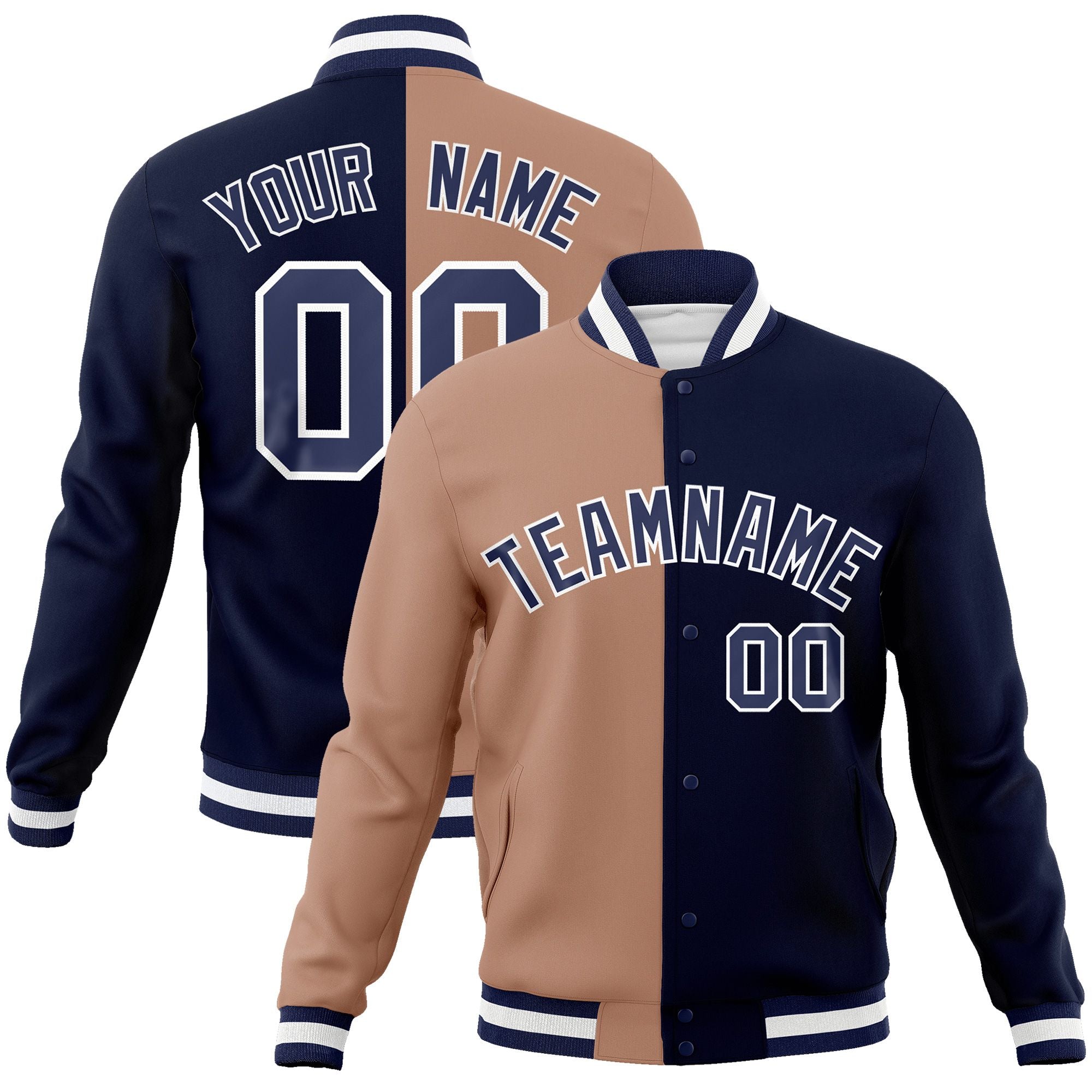 Custom Brown Navy-Navy Varsity Full-Snap Letterman Two Tone Split Fashion Jacket