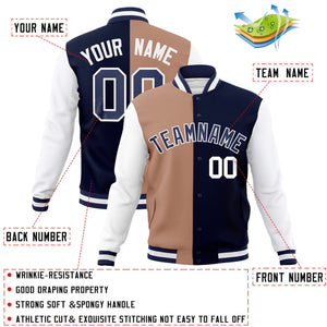 Custom Brown Navy-Navy Varsity Full-Snap Letterman Veste de mode fendue bicolore