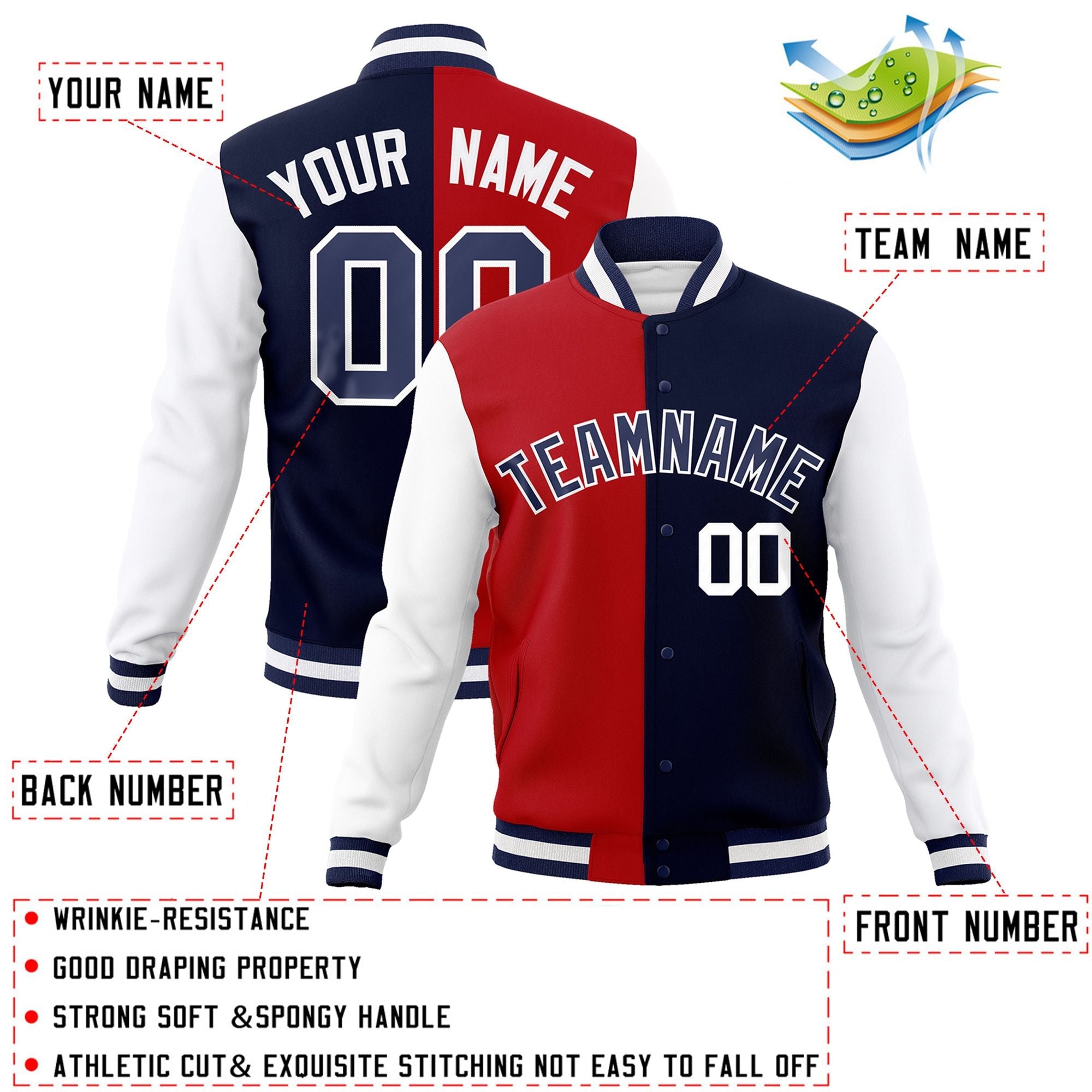 Veste de mode fendue bicolore personnalisée rouge marine-marine Varsity Full-Snap Letterman