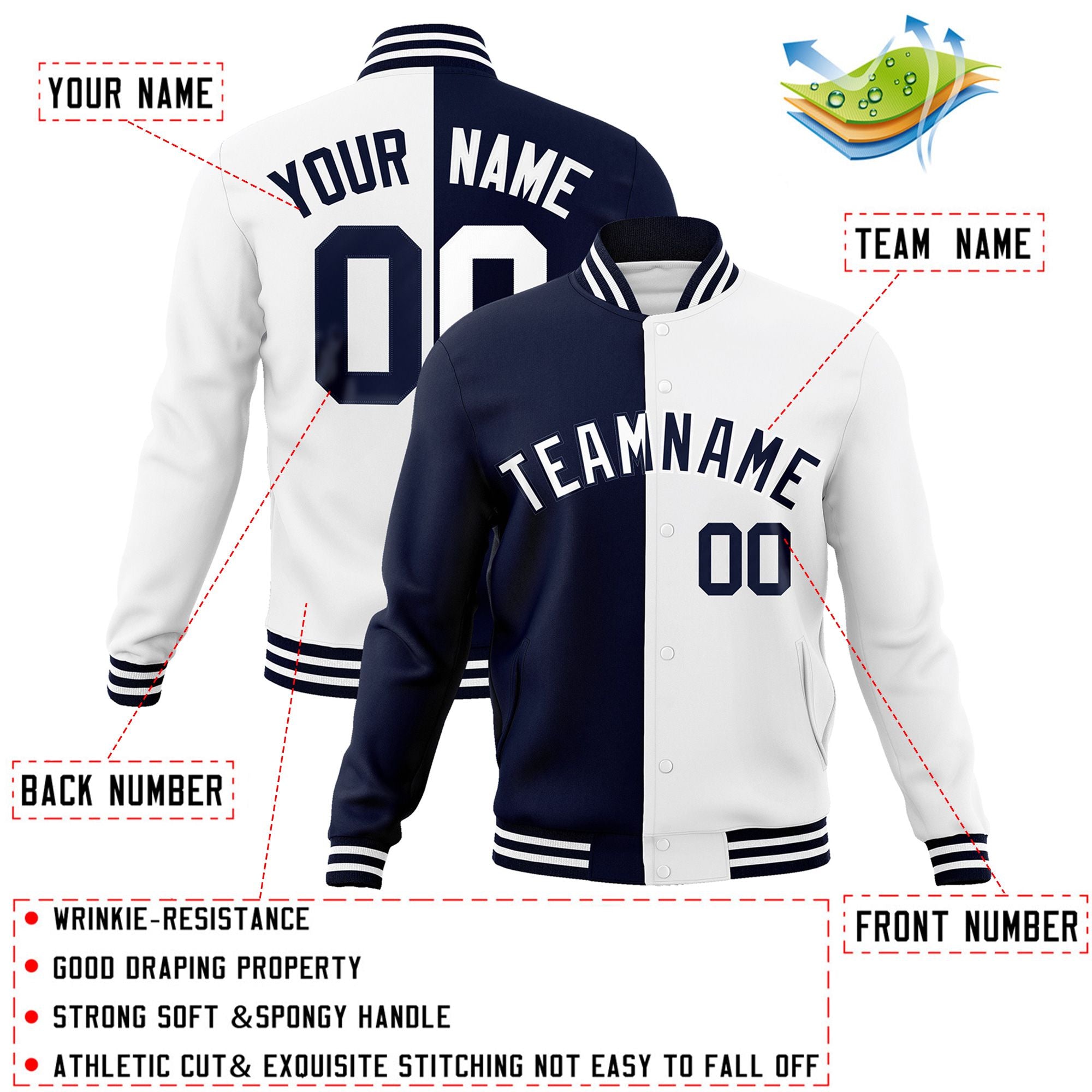 Custom Navy White-White Varsity Full-Snap Letterman Two Tone Split Fashion Jacket