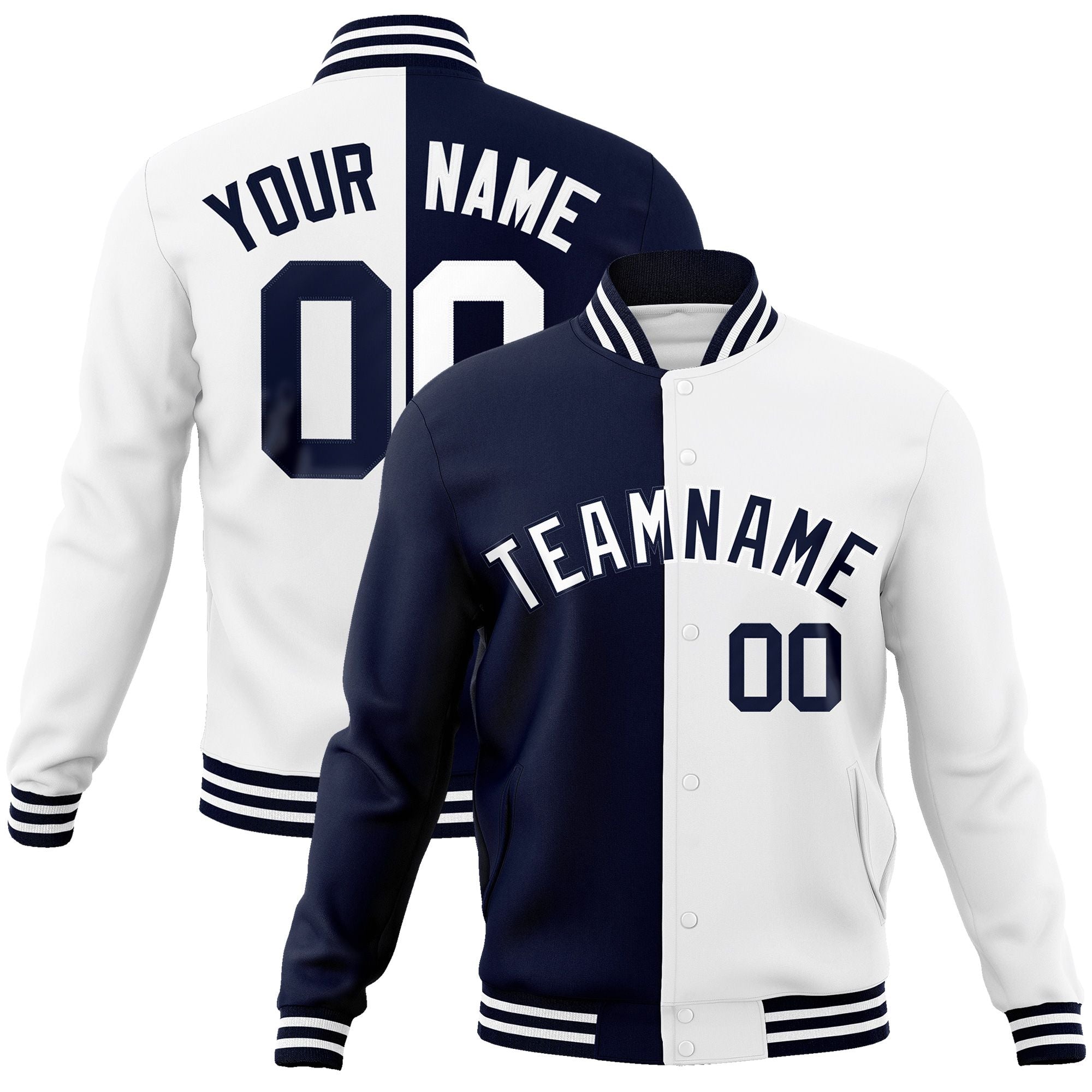 Custom Navy White-White Varsity Full-Snap Letterman Two Tone Split Fashion Jacket