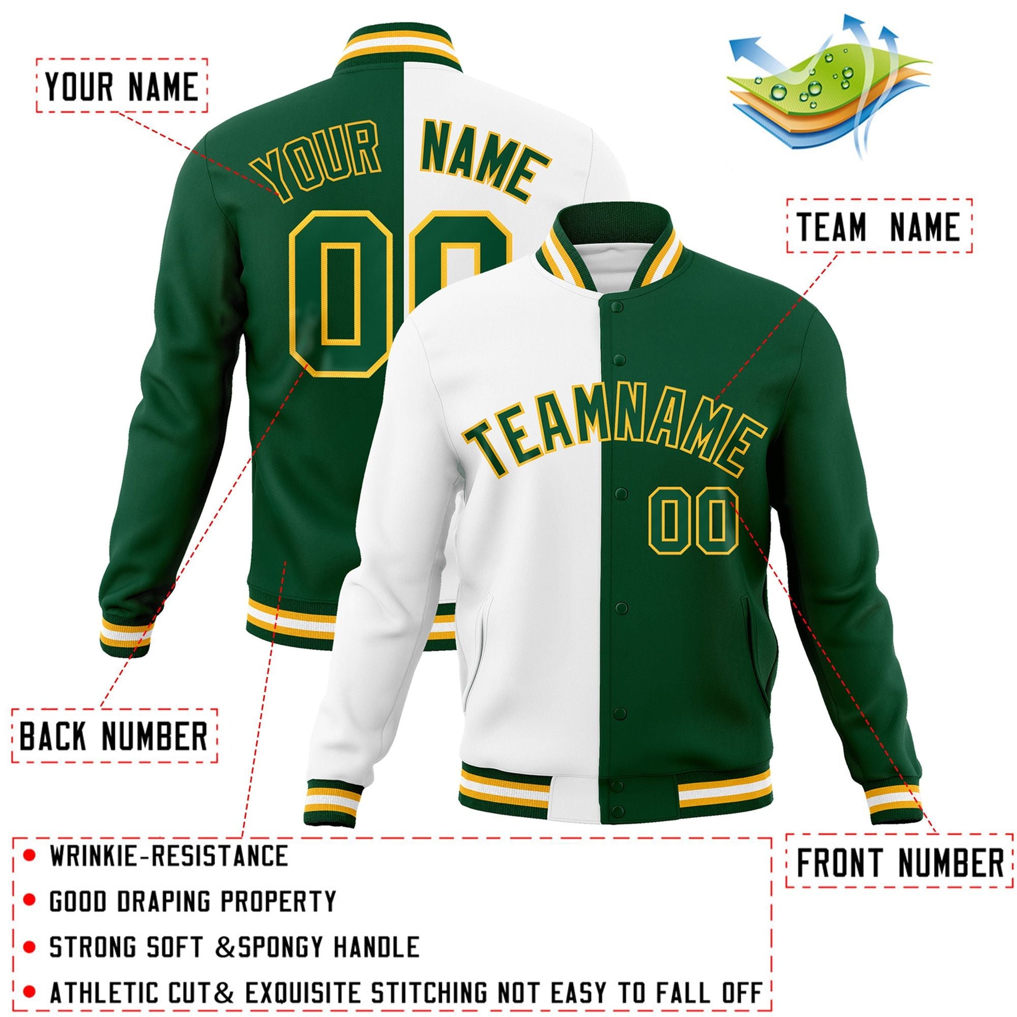 Custom White Green-Green Varsity Full-Snap Letterman Two Tone Split Fashion Jacket