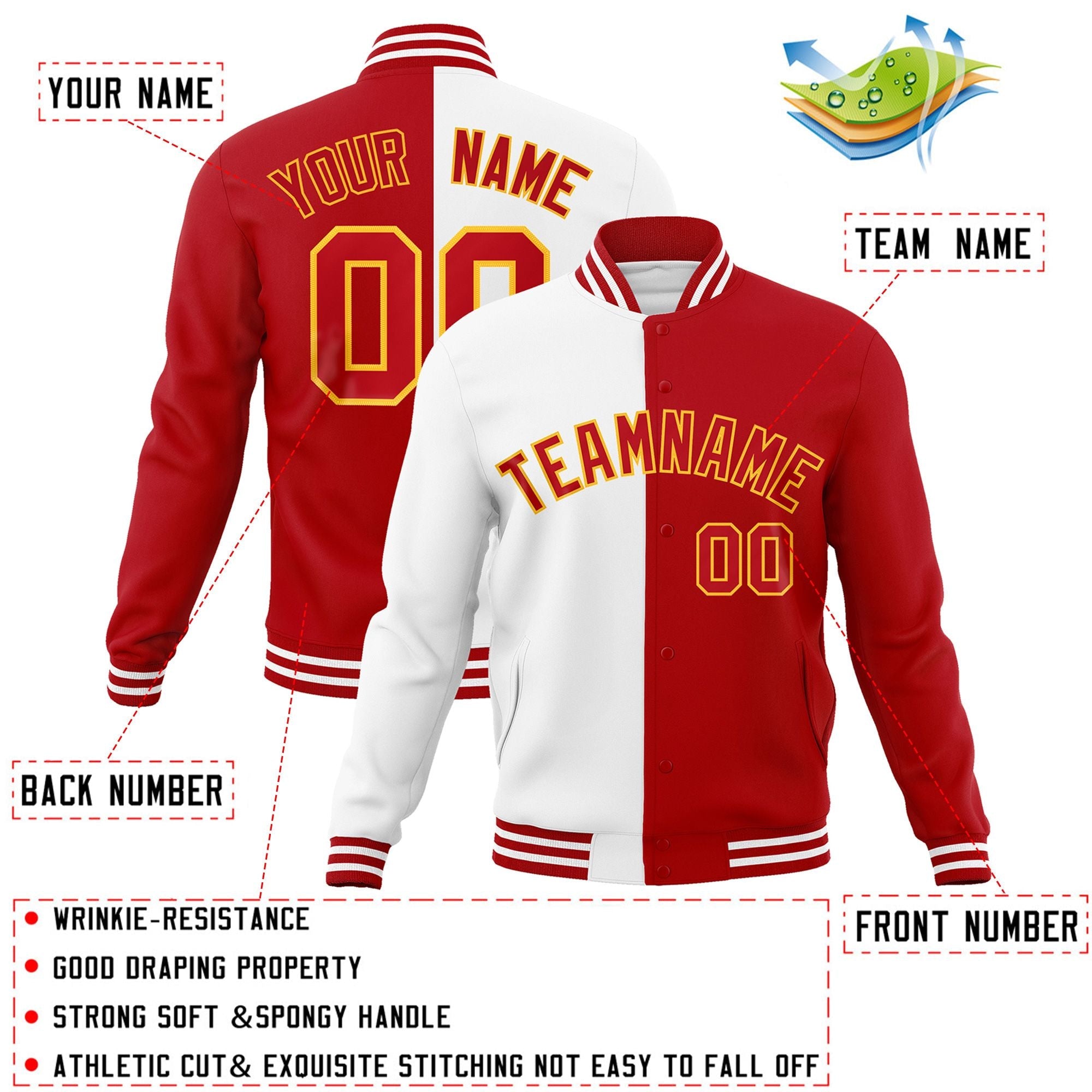 Custom White Red-Red Varsity Full-Snap Letterman Two Tone Split Fashion Jacket