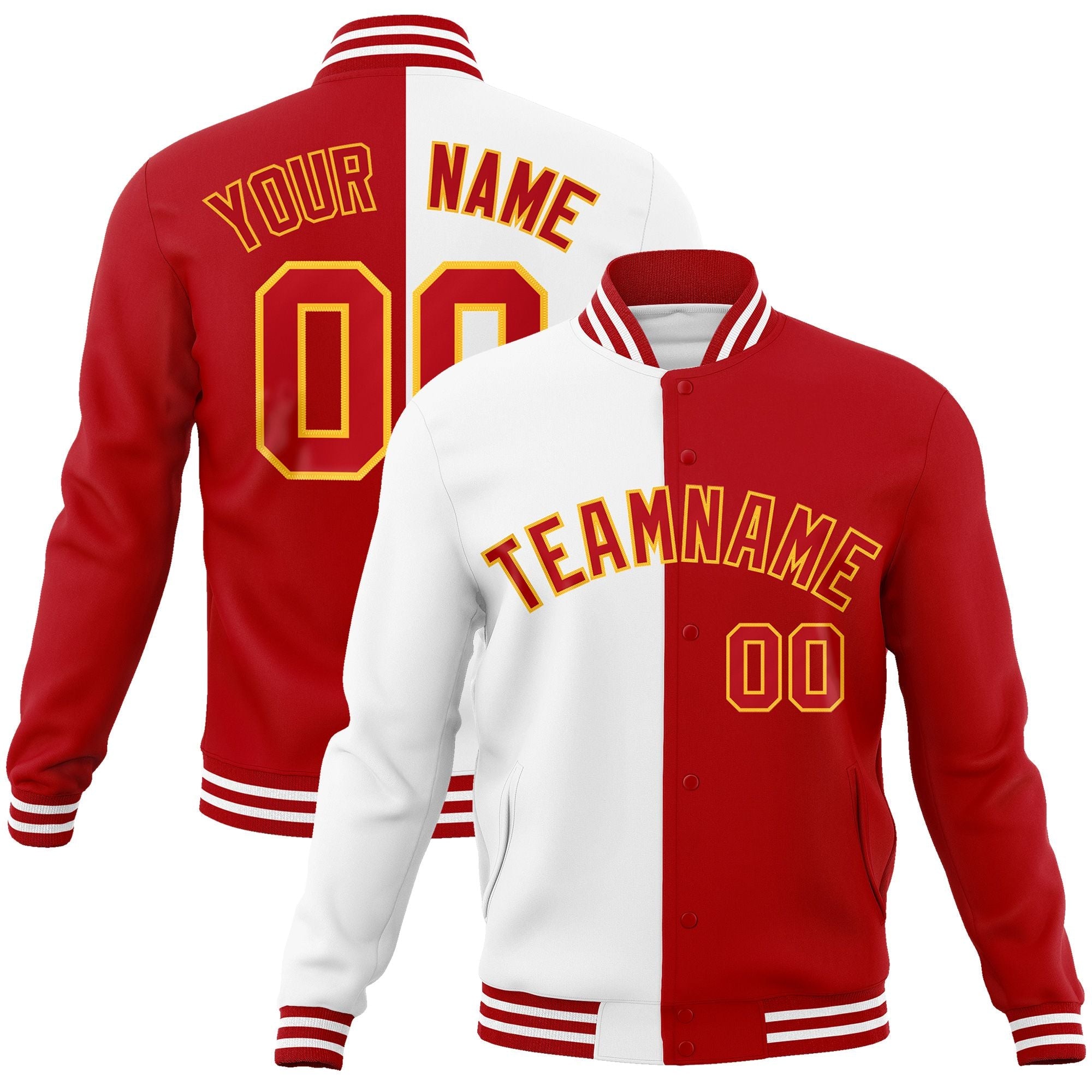 Custom White Red-Red Varsity Full-Snap Letterman Two Tone Split Fashion Jacket