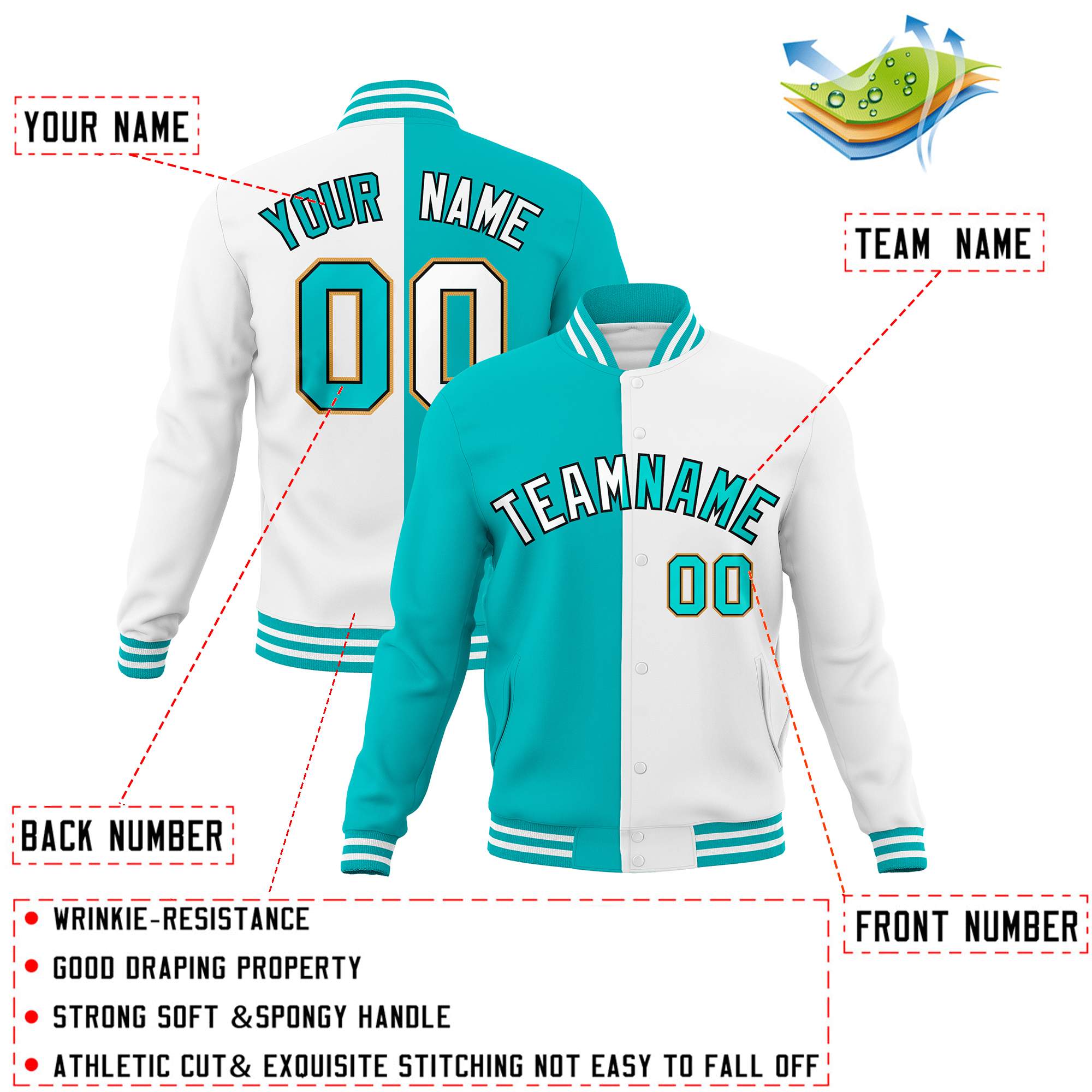 Custom Aqua White Varsity Full-Snap Letterman Two Tone Split Fashion Jacket