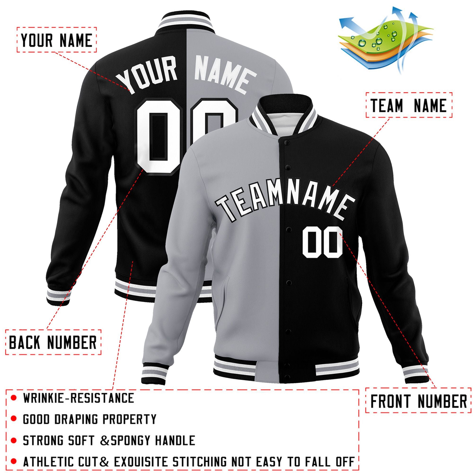 Custom Gray Black-White Varsity Full-Snap Letterman Two Tone Split Fashion Jacket