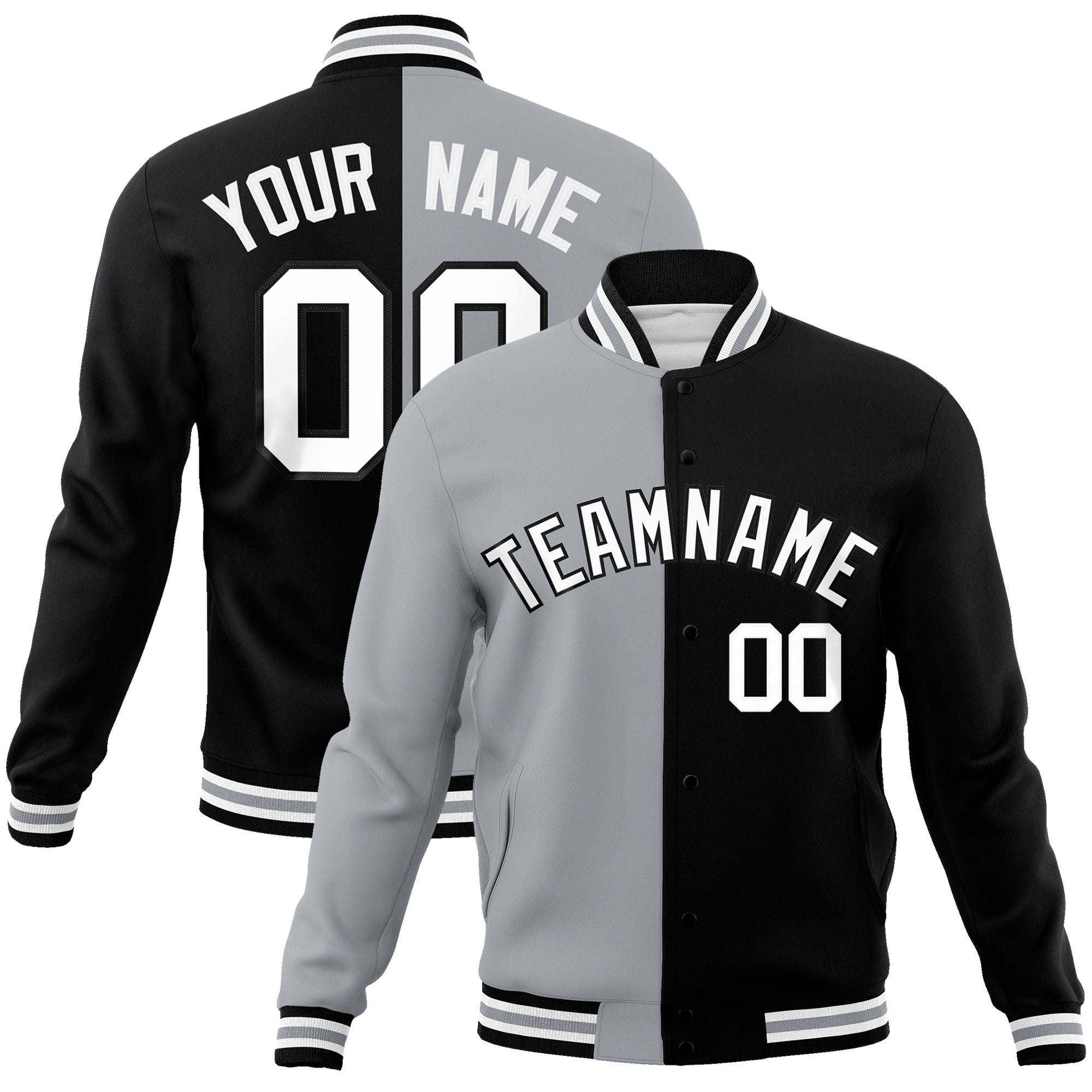 Custom Gray Black-White Varsity Full-Snap Letterman Two Tone Split Fashion Jacket