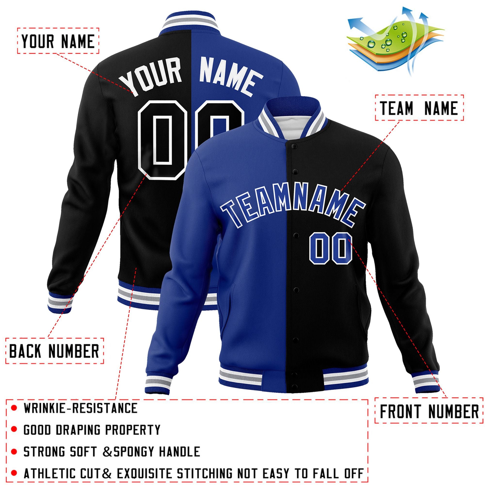 Custom Royal Black-Royal Varsity Full-Snap Letterman Two Tone Split Fashion Jacket