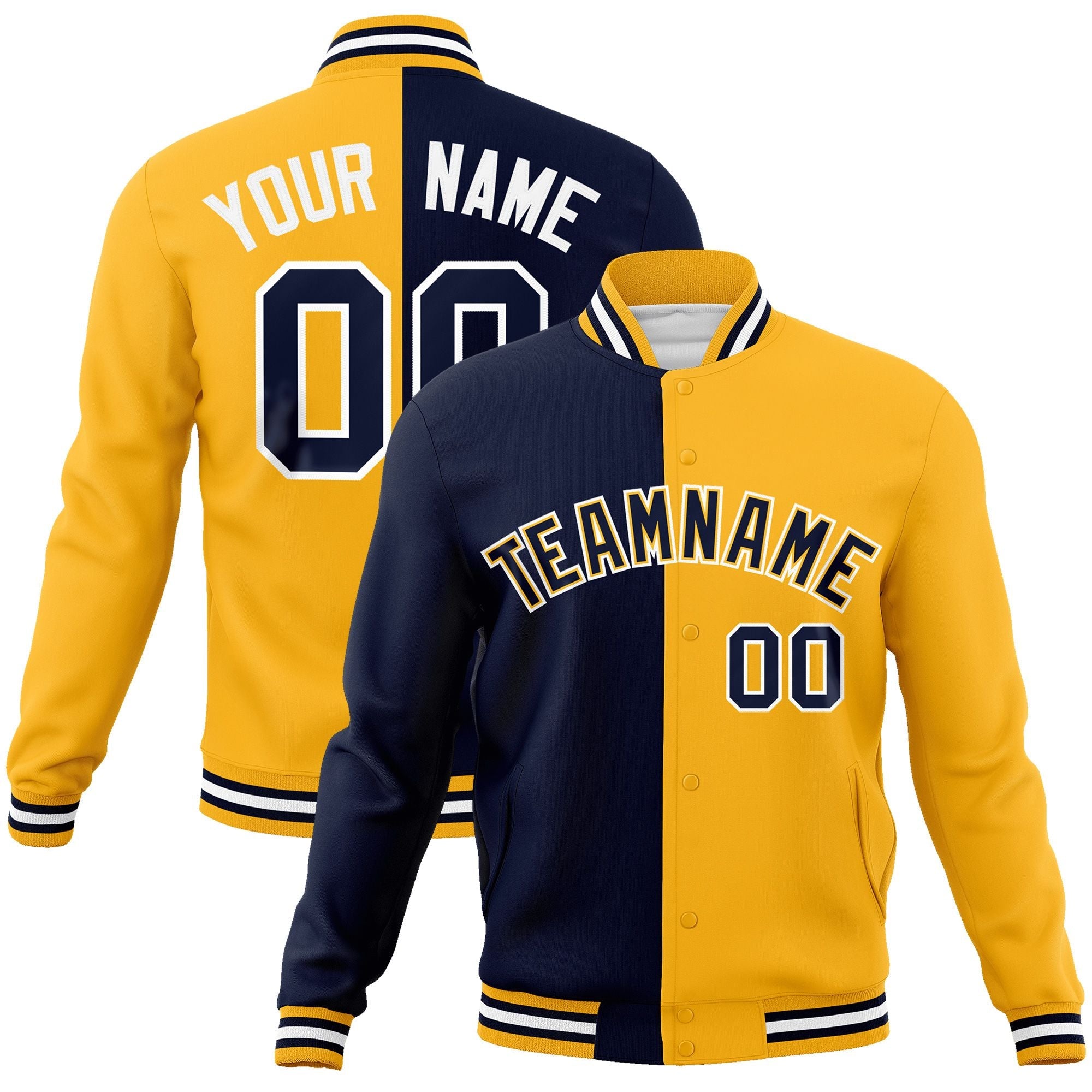 Custom Navy Yellow-Navy Varsity Full-Snap Letterman Two Tone Split Fashion Jacket