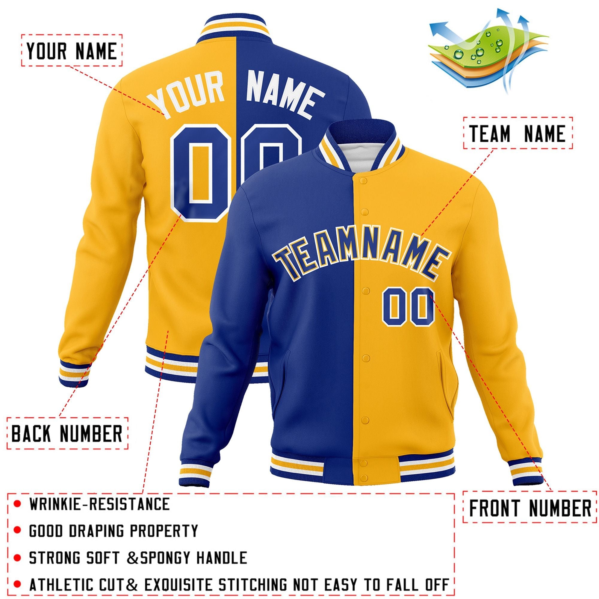 Custom Royal Yellow-Royal Varsity Full-Snap Letterman Two Tone Split Fashion Jacket