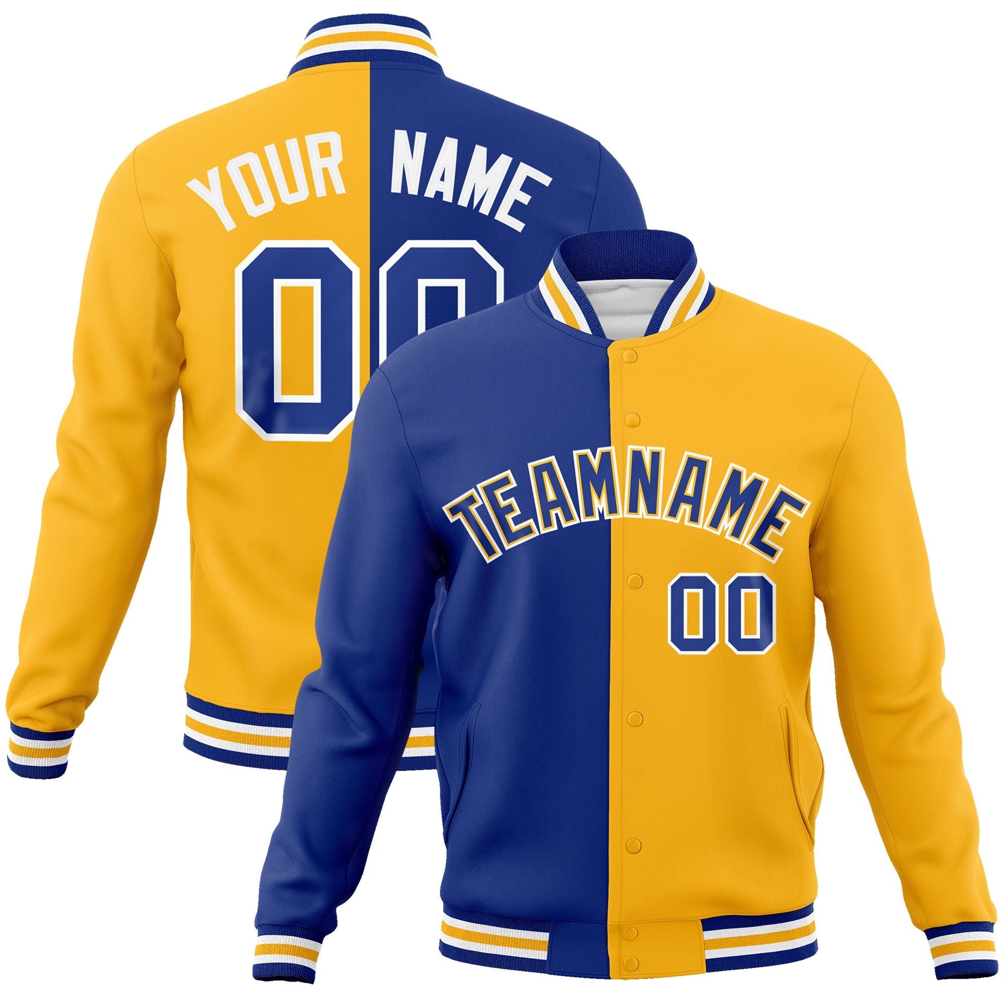 Custom Royal Yellow-Royal Varsity Full-Snap Letterman Two Tone Split Fashion Jacket