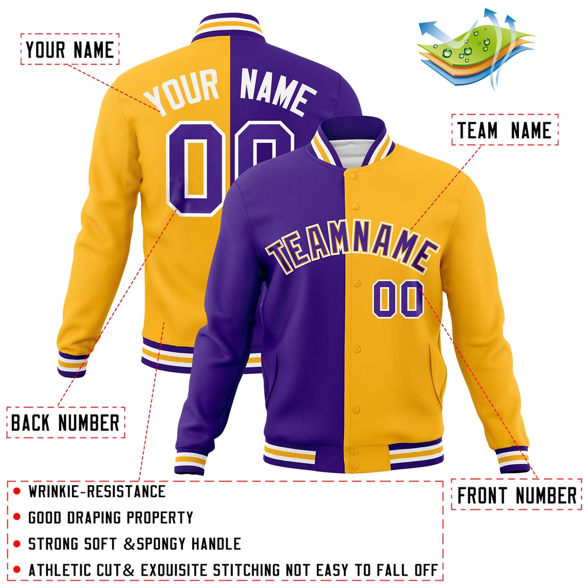 Custom Purple Yellow-Purple Varsity Full-Snap Letterman Two Tone Split Fashion Jacket