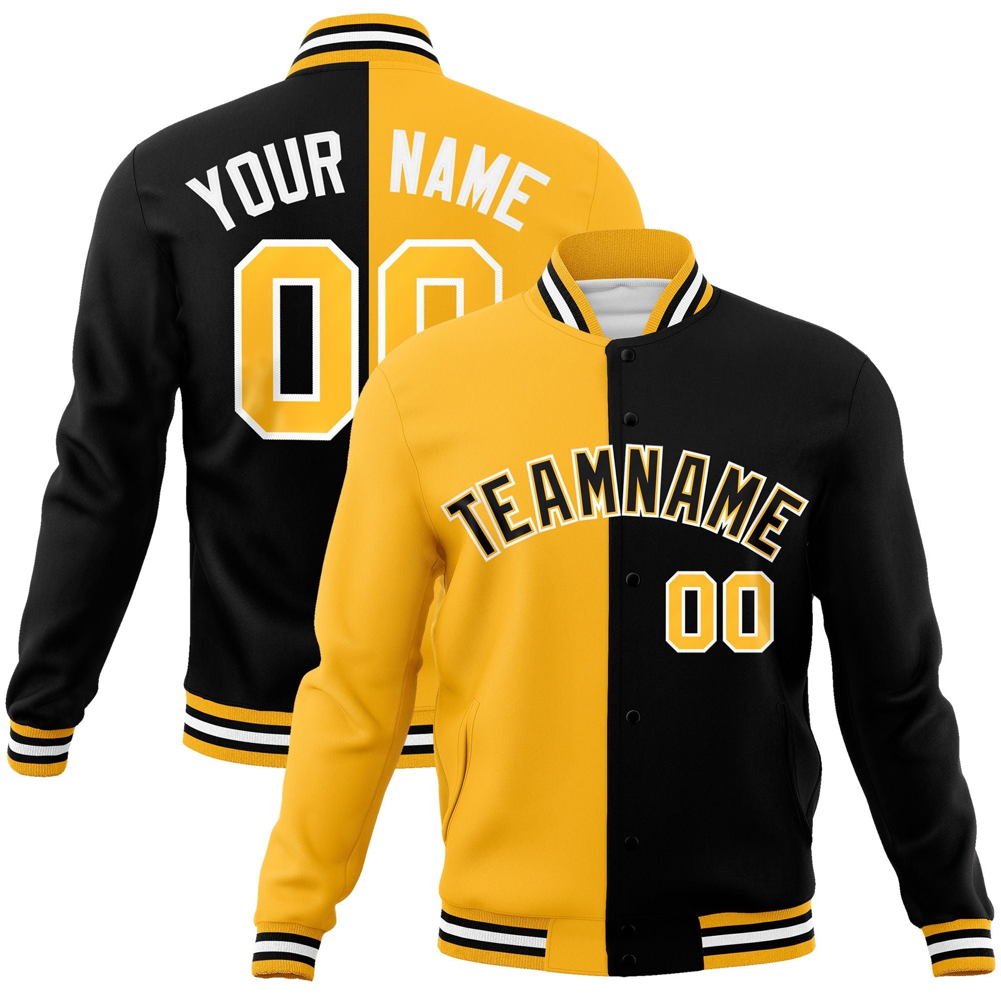 Custom Gold Black-Black Varsity Full-Snap Letterman Two Tone Split Fashion Jacket