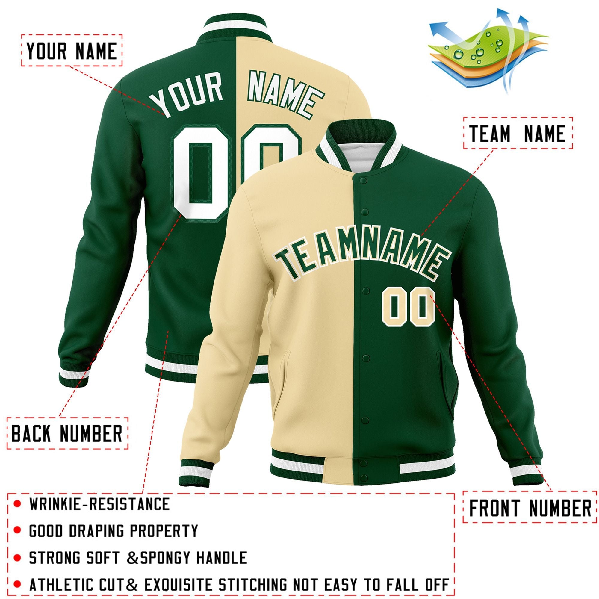 Custom Khaki Green-Green Varsity Full-Snap Letterman Two Tone Split Fashion Jacket