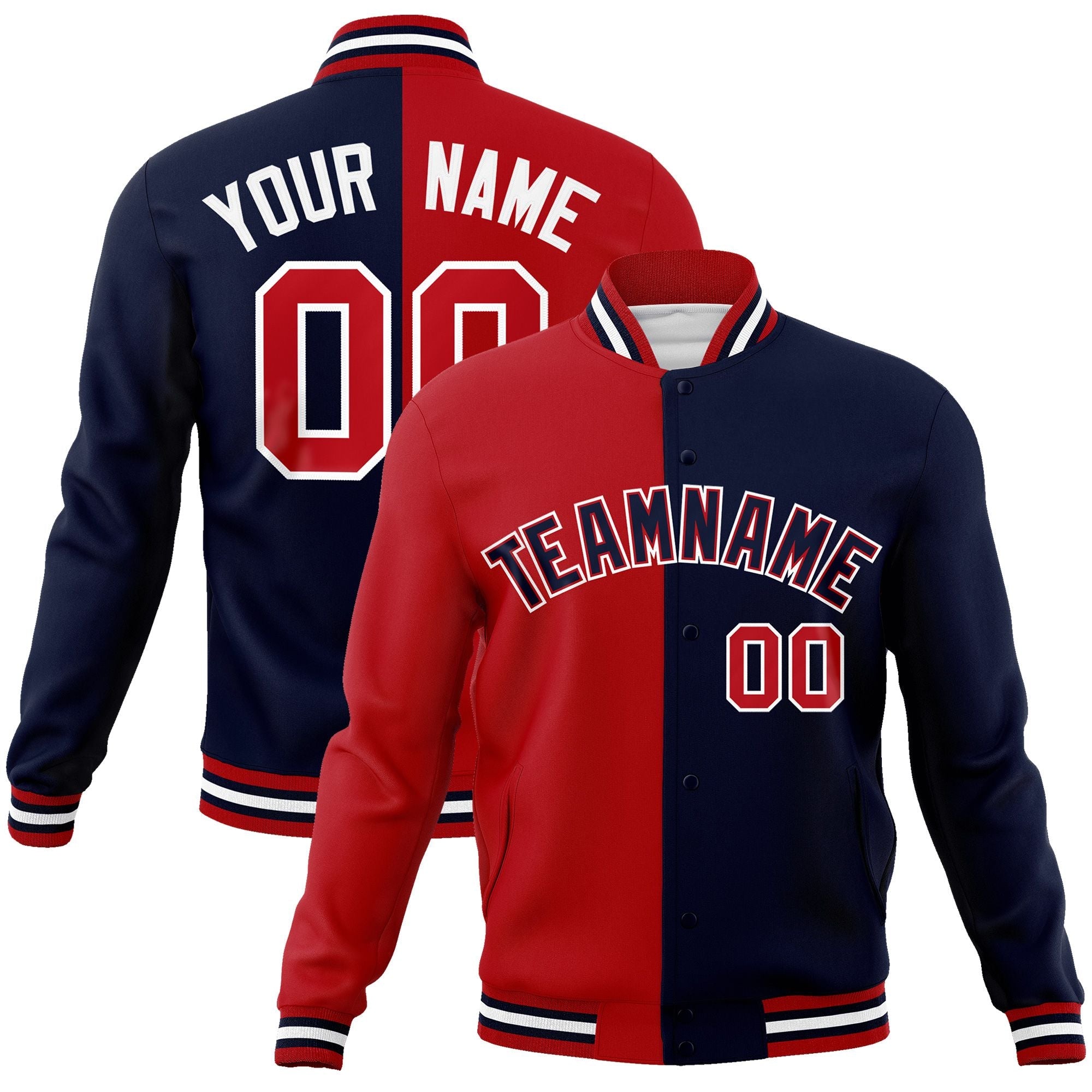 Custom Red Navy-Navy Varsity Full-Snap Letterman Two Tone Split Fashion Jacket