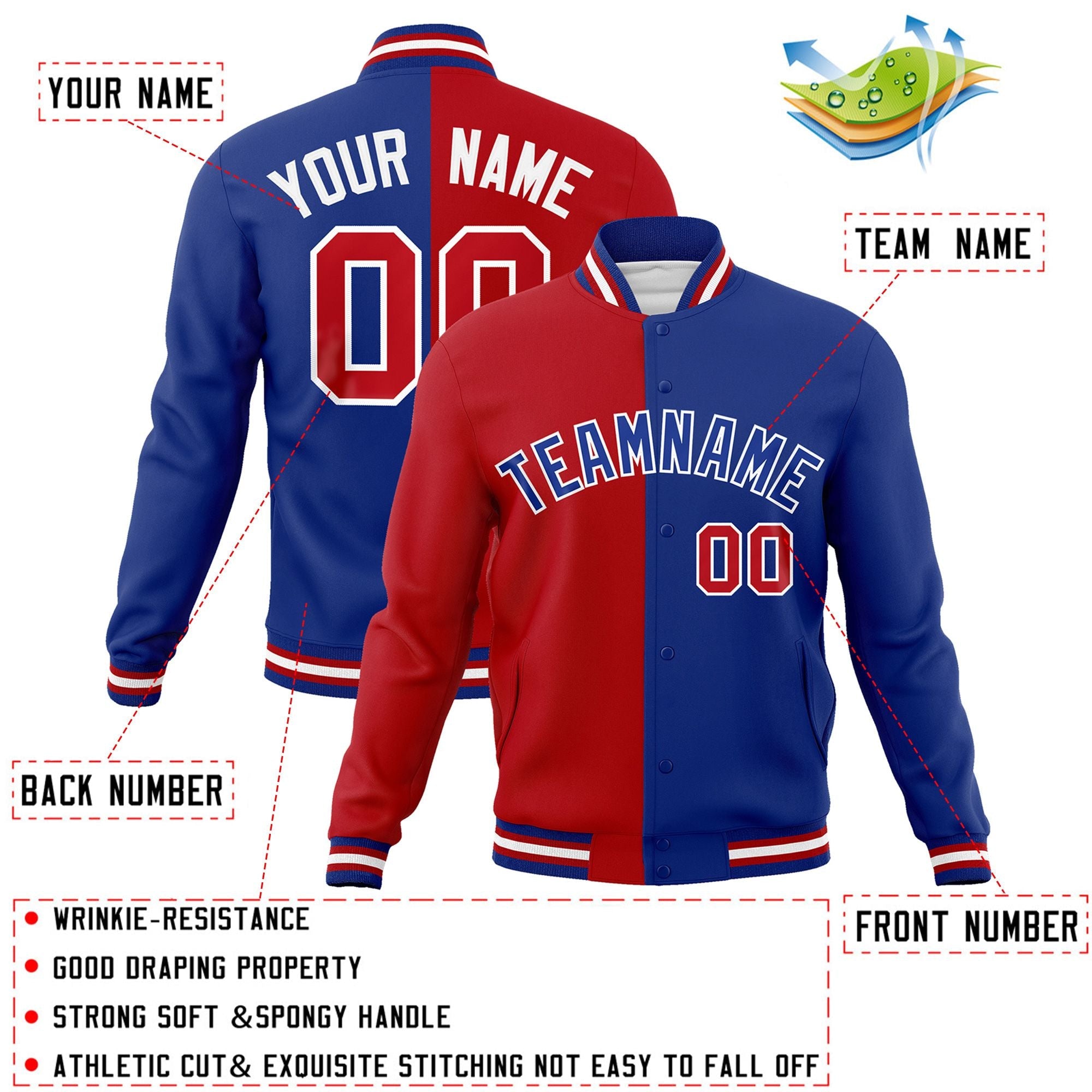 Veste de mode fendue bicolore personnalisée Royal-Royal Varsity Full-Snap Letterman