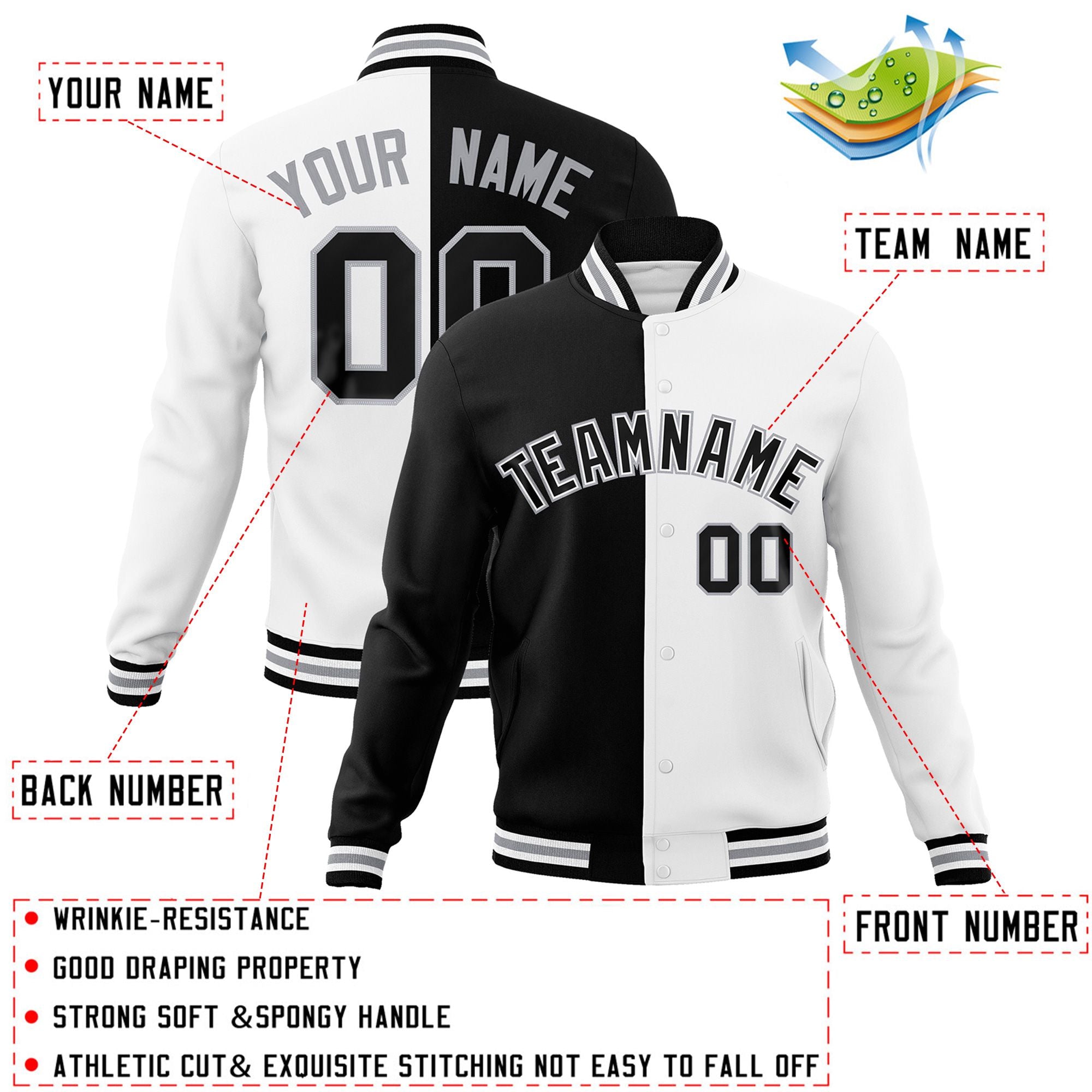 Veste de mode fendue bicolore personnalisée noir blanc-noir Varsity Full-Snap Letterman