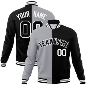 Custom Gray Black-Black Varsity Full-Snap Letterman Two Tone Split Fashion Jacket