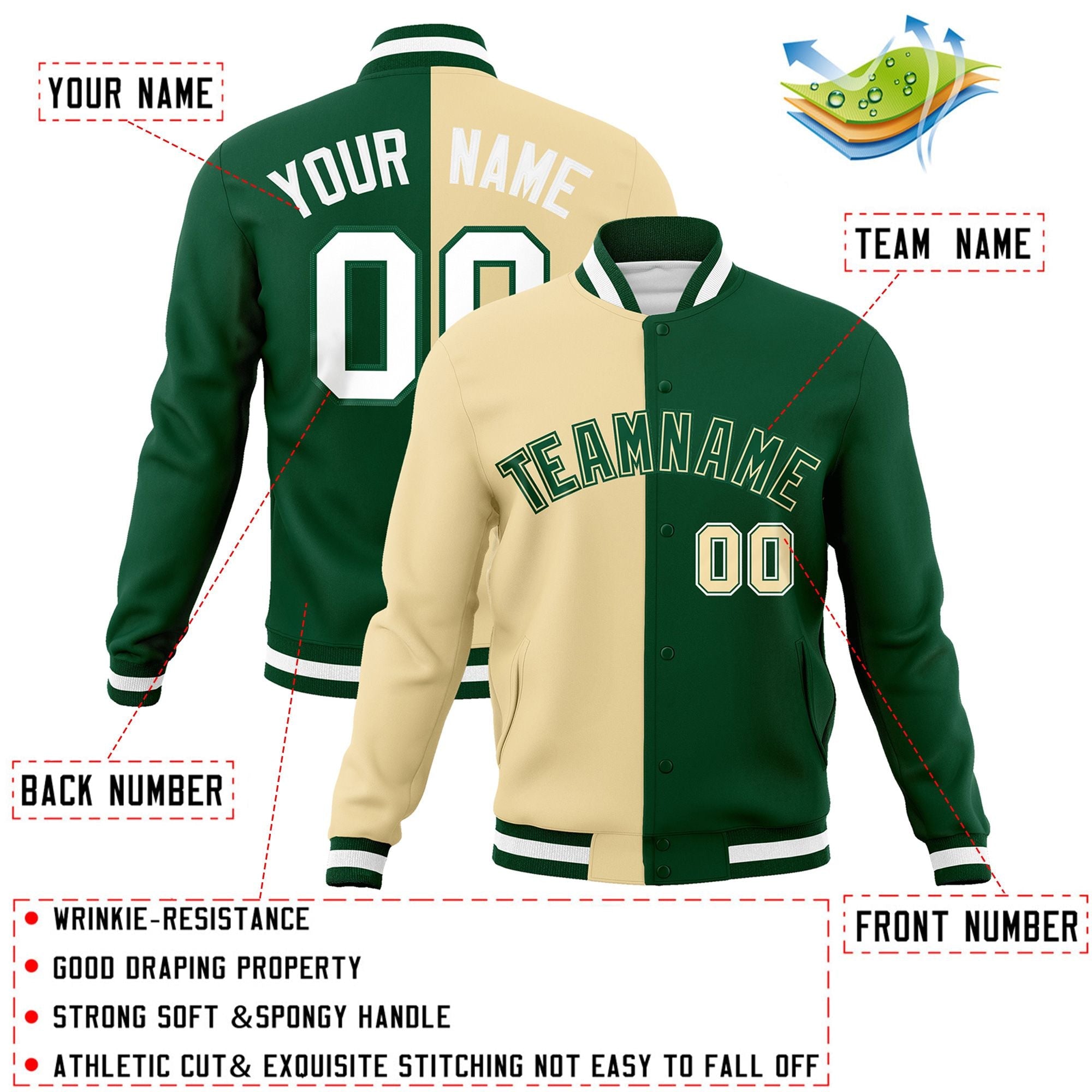 Custom Khaki Green-Green Varsity Full-Snap Letterman Two Tone Split Fashion Jacket