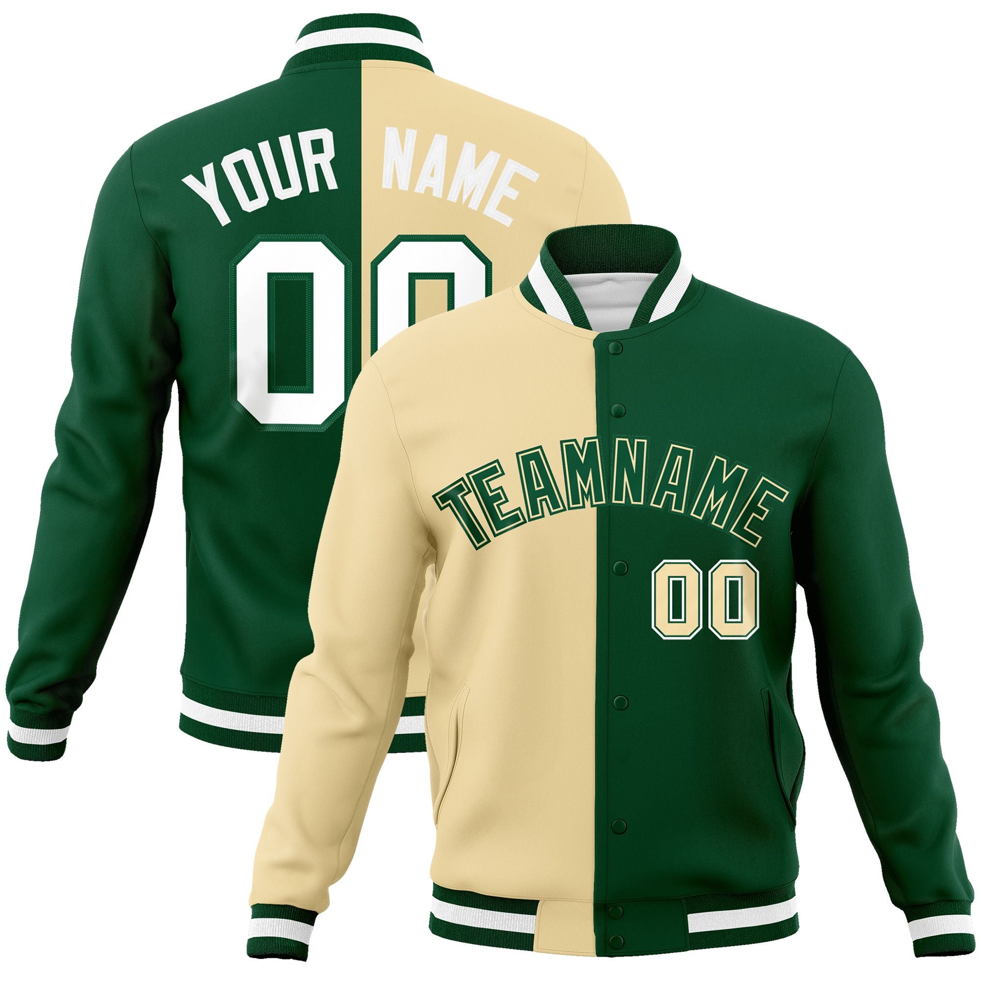 Custom Khaki Green-Green Varsity Full-Snap Letterman Two Tone Split Fashion Jacket