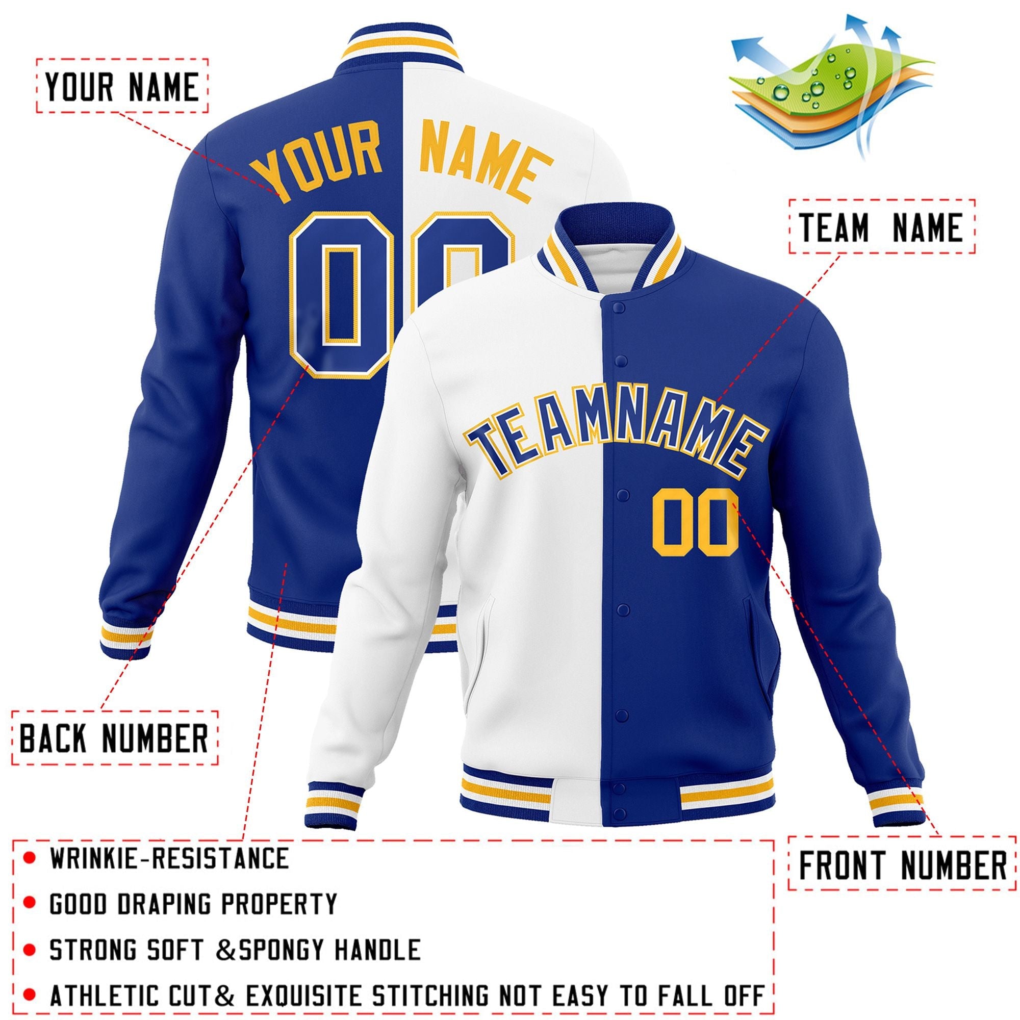 Veste de mode fendue bicolore Royal-Royal Varsity Full-Snap Letterman personnalisée blanche