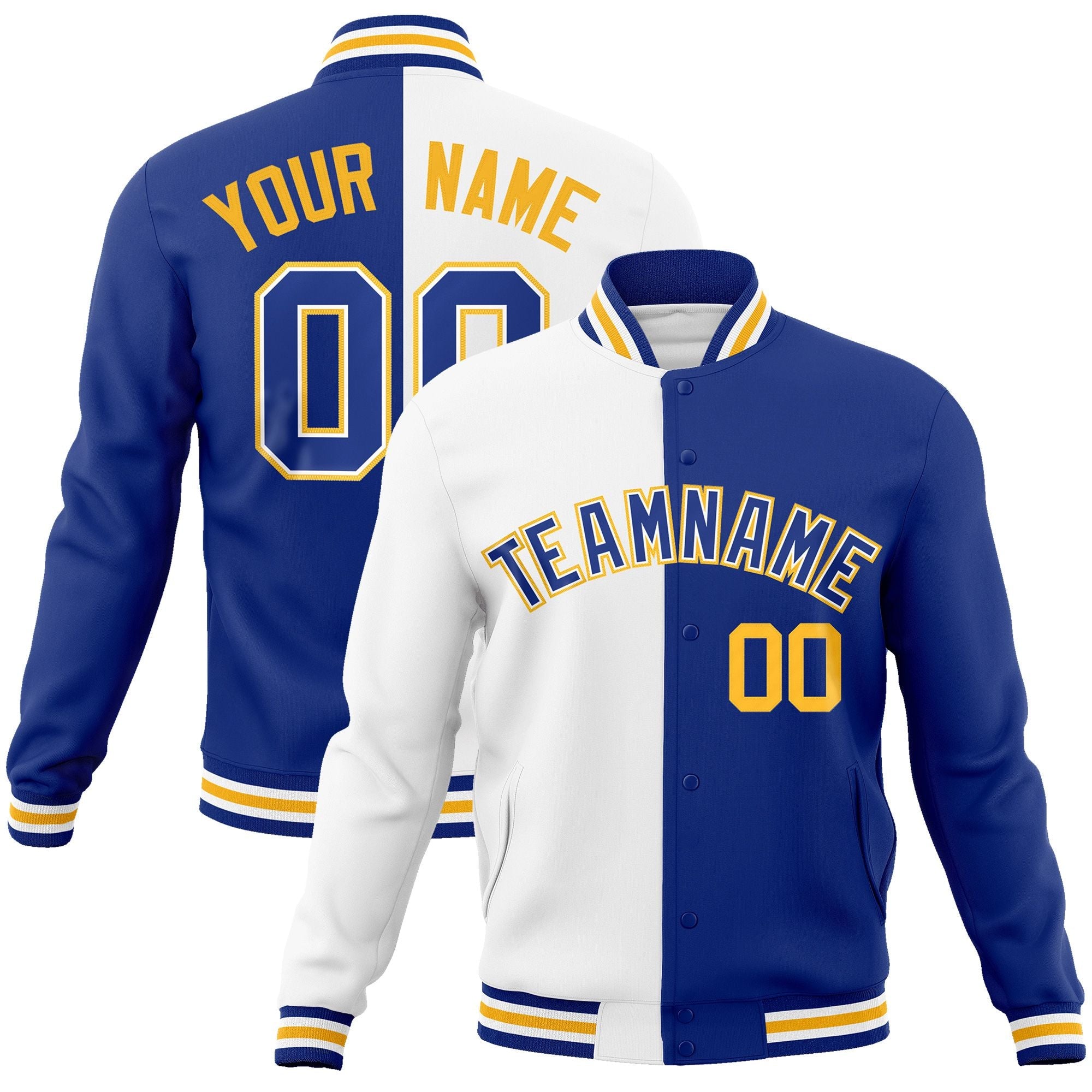 Custom White Royal-Royal Varsity Full-Snap Letterman Two Tone Split Fashion Jacket