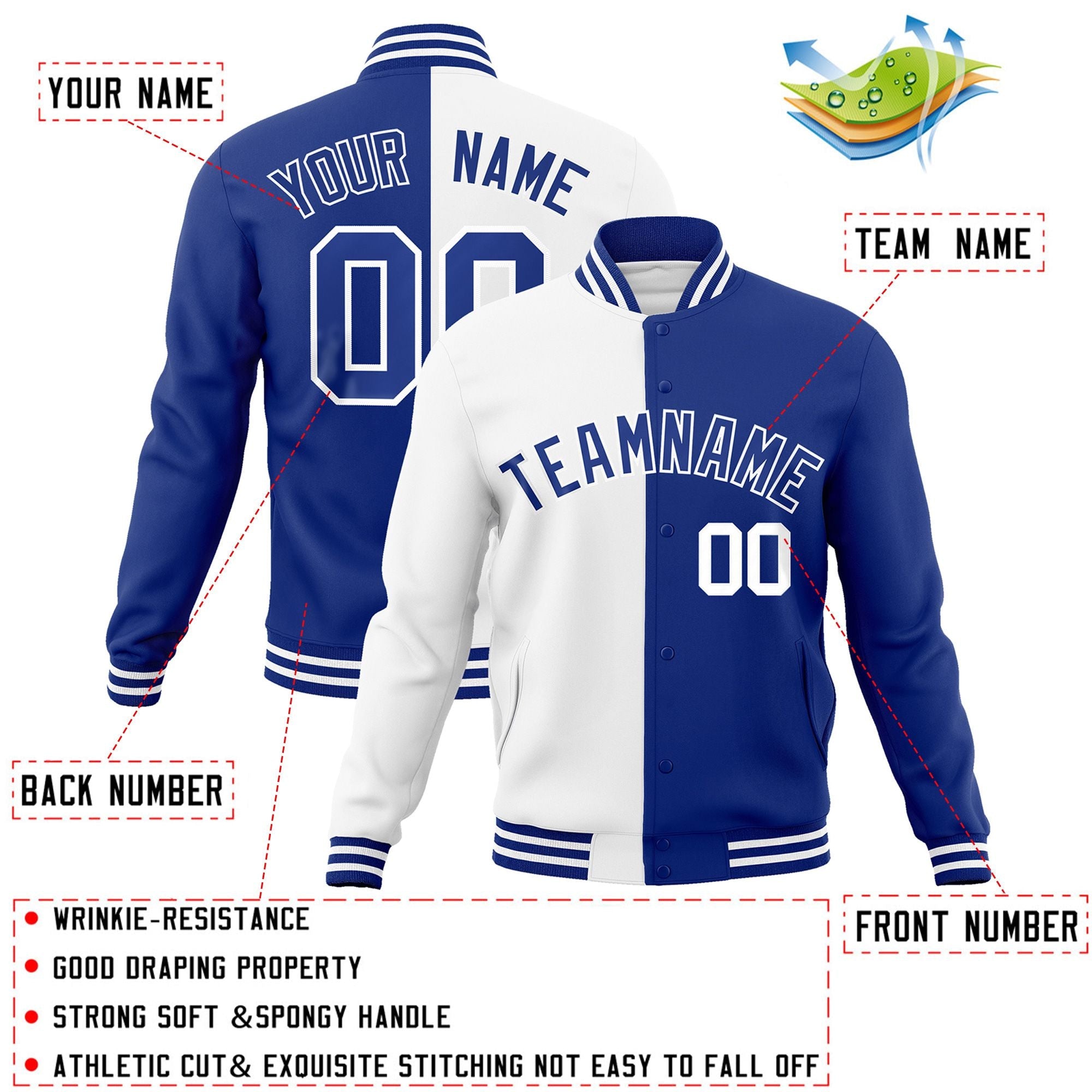 Veste de mode fendue bicolore Royal-Royal Varsity Full-Snap Letterman personnalisée blanche