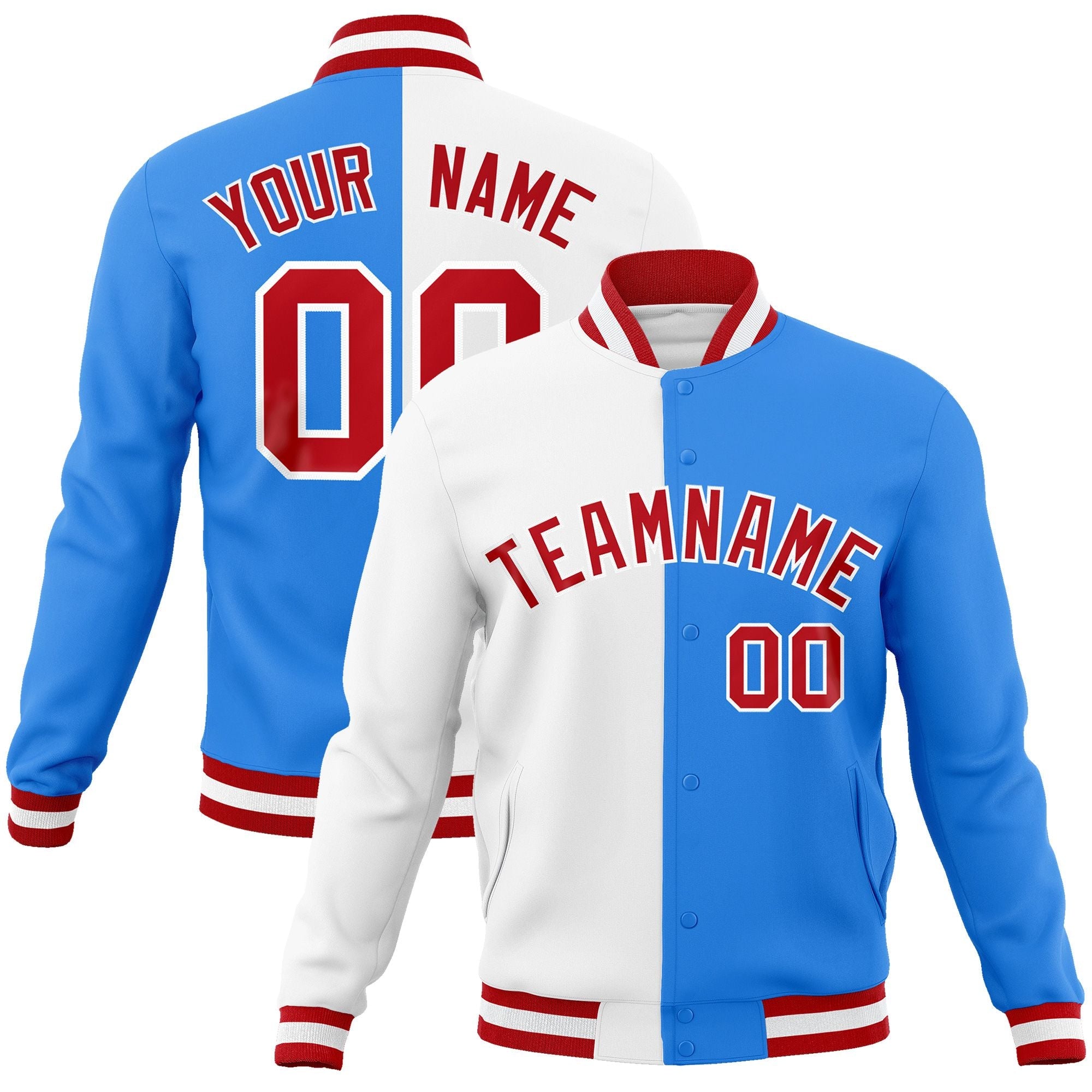 Custom White Powder Blue-Red Varsity Full-Snap Letterman Two Tone Split Fashion Jacket