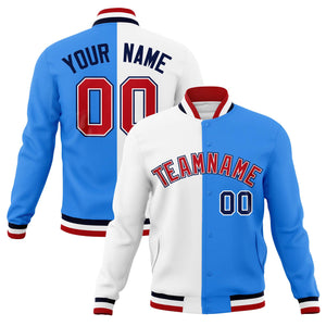 Custom White Powder Blue-Red Varsity Full-Snap Letterman Two Tone Split Fashion Jacket