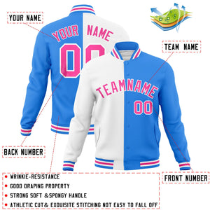 Custom White Powder Blue-Pink Varsity Full-Snap Letterman Two Tone Split Fashion Jacket