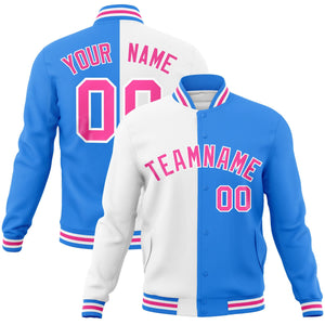 Custom White Powder Blue-Pink Varsity Full-Snap Letterman Two Tone Split Fashion Jacket