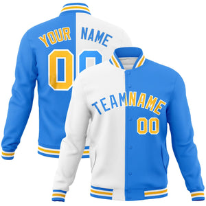 Custom White Powder Blue-Gold Varsity Full-Snap Letterman Two Tone Split Fashion Jacket